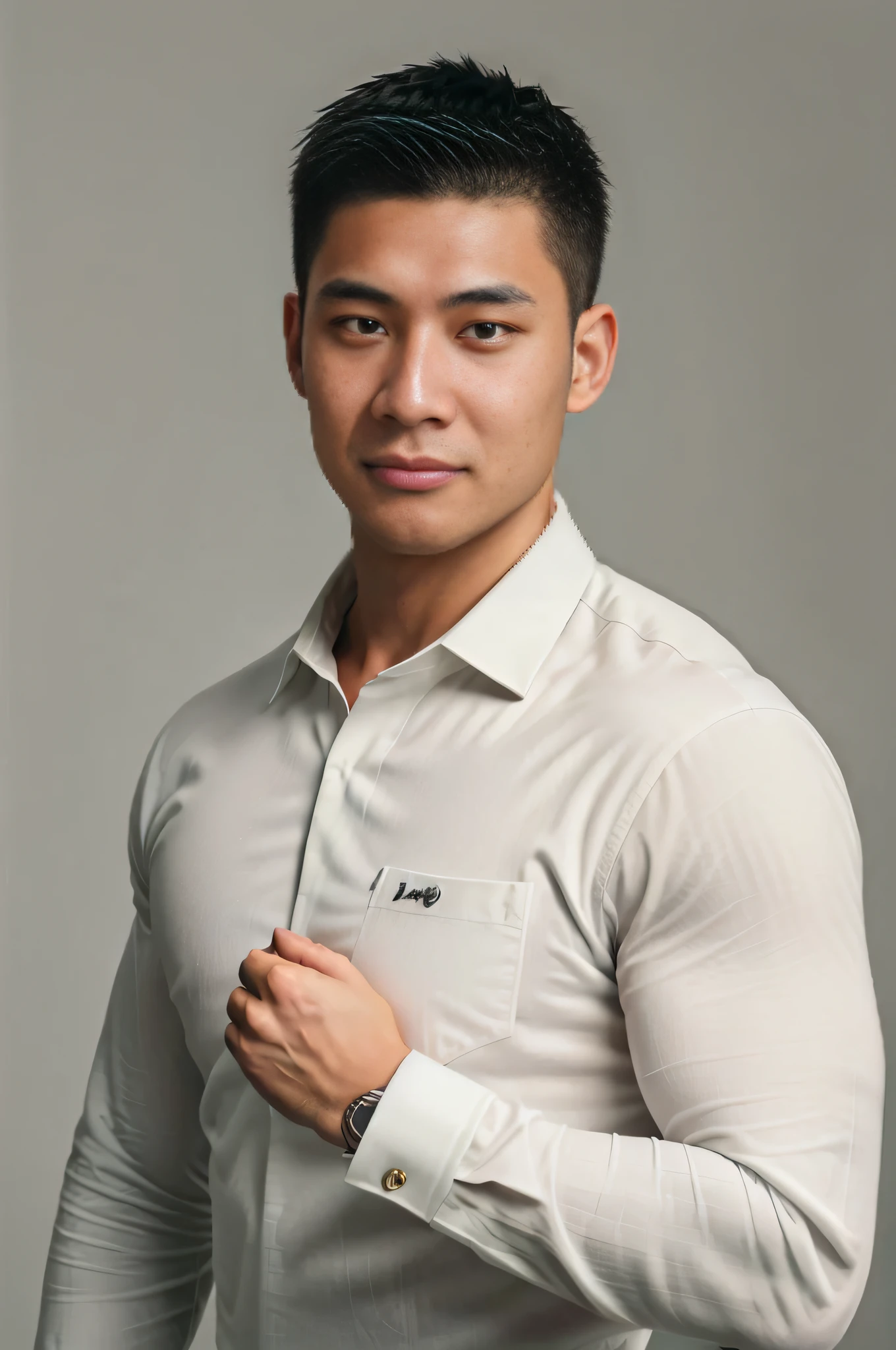 1man, a 30 year old muscular man, wearing a long sleeve white shirt and tie, upper body, soft lighting, masterpiece, best quality, 8k ultra hd, dslr camera, film grain, Fujifilm XT3 photorealistic art by Midjourney and greg rutkowski