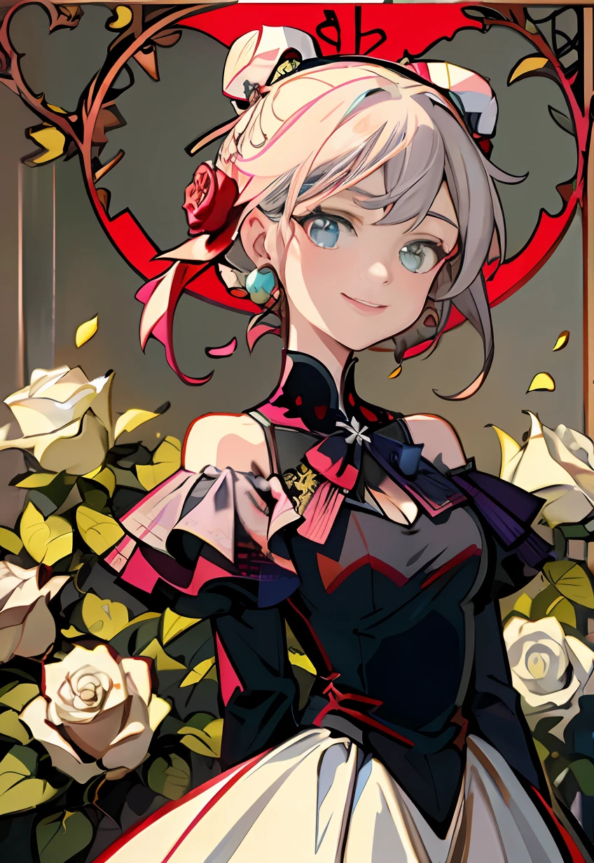 (Lori huge breasts cleavage,colorful clothes:0.9+hat:1.1), evil smile,Guviz,pixiv_daily_ranking, Pixiv style,Kushatt Krenz Key Art Women, portrait of magical girl,(red objects in background->rose petals),number art。