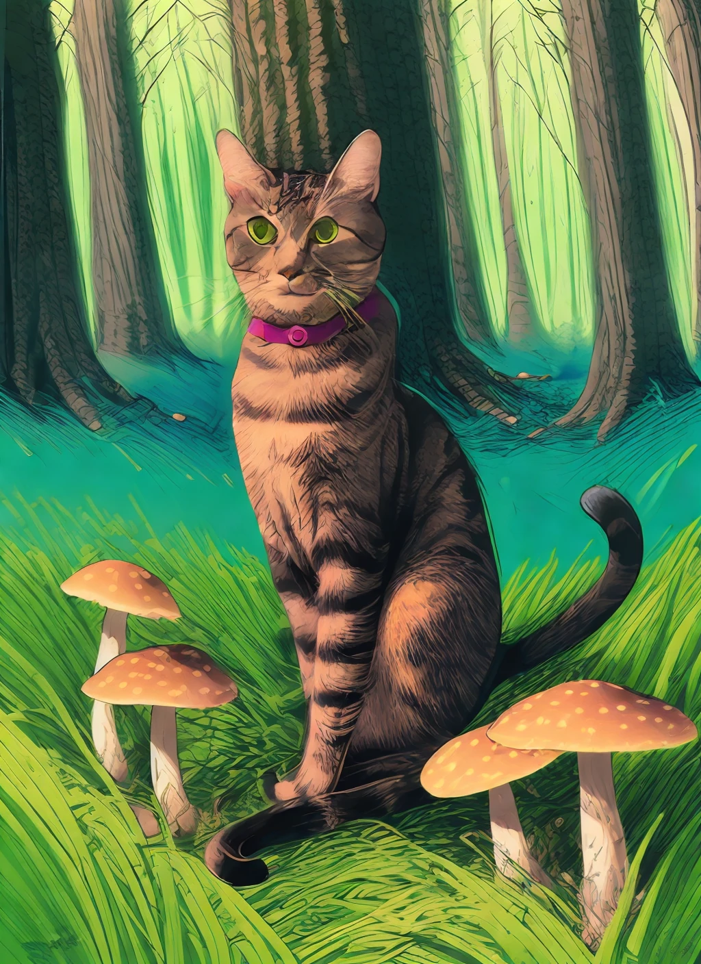 (((nkoctst))) surrounded by colorful mushrooms, art by sam spratt, dan mumford, artem demura and alphonse mucha, psychedelic, alex grey, in a forest, green eyes