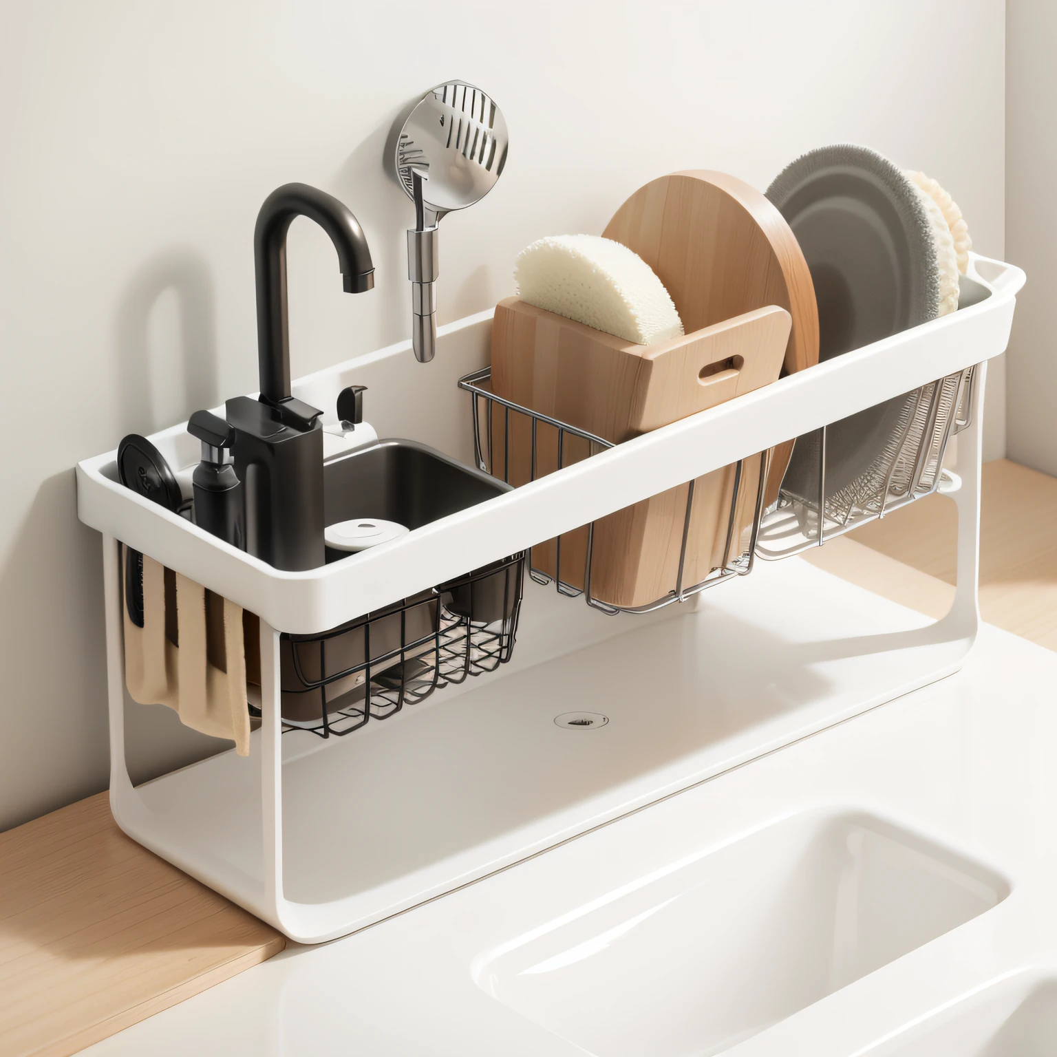 Industrial Design, dish cloth, dish sponge, drain rack, kitchen sink, sink wall, storage rack, minimalist style, Nordic style, Product design, User experience