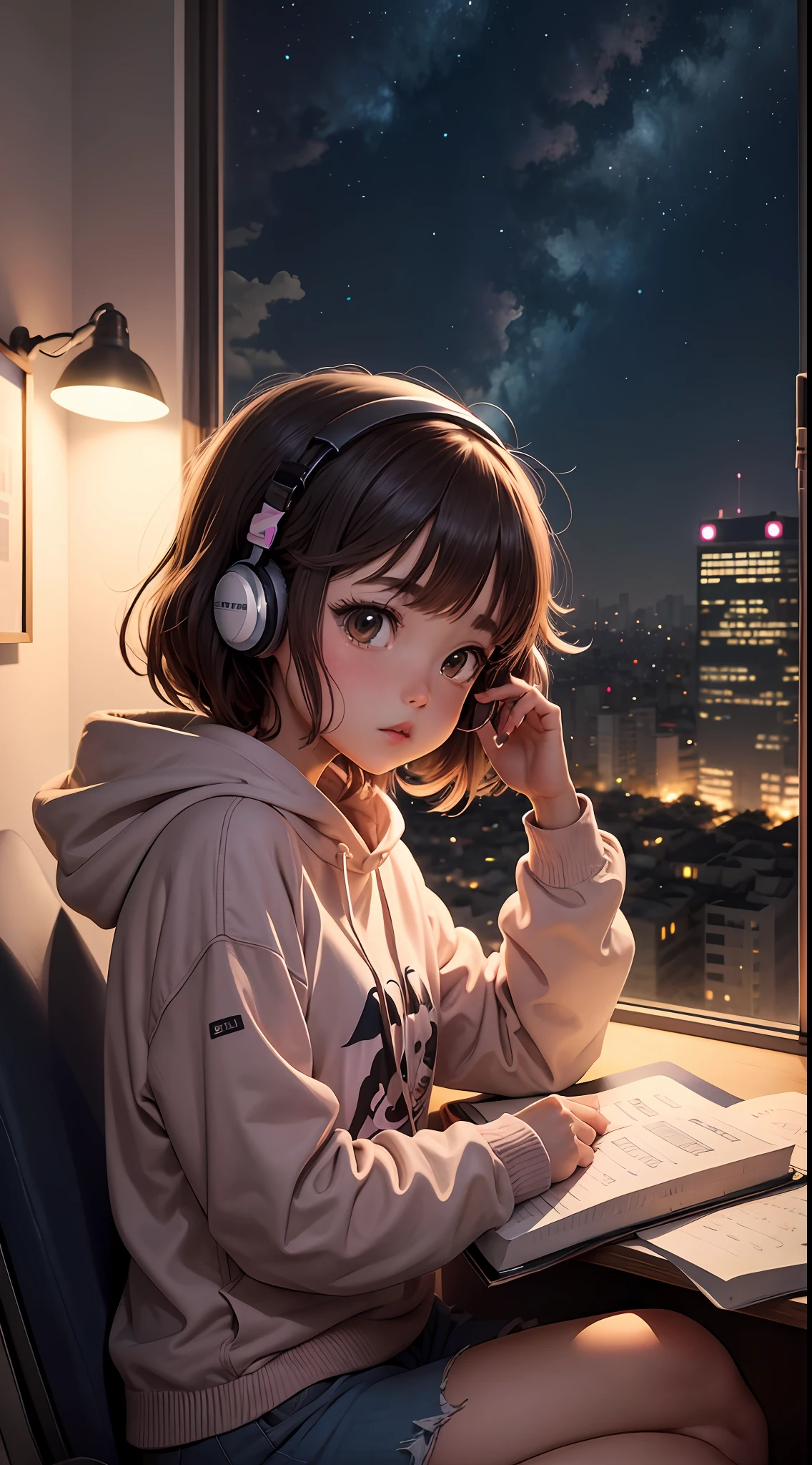 Lofi Music Anime Illustrations, uma menina em um quarto estudando, com livros, um notebook com uma pela vista de uma cidade a noite, escutando musicas enquanto se concetra nos estudos, uma atmosfera agradavel e um pouco escuro o quarto --auto