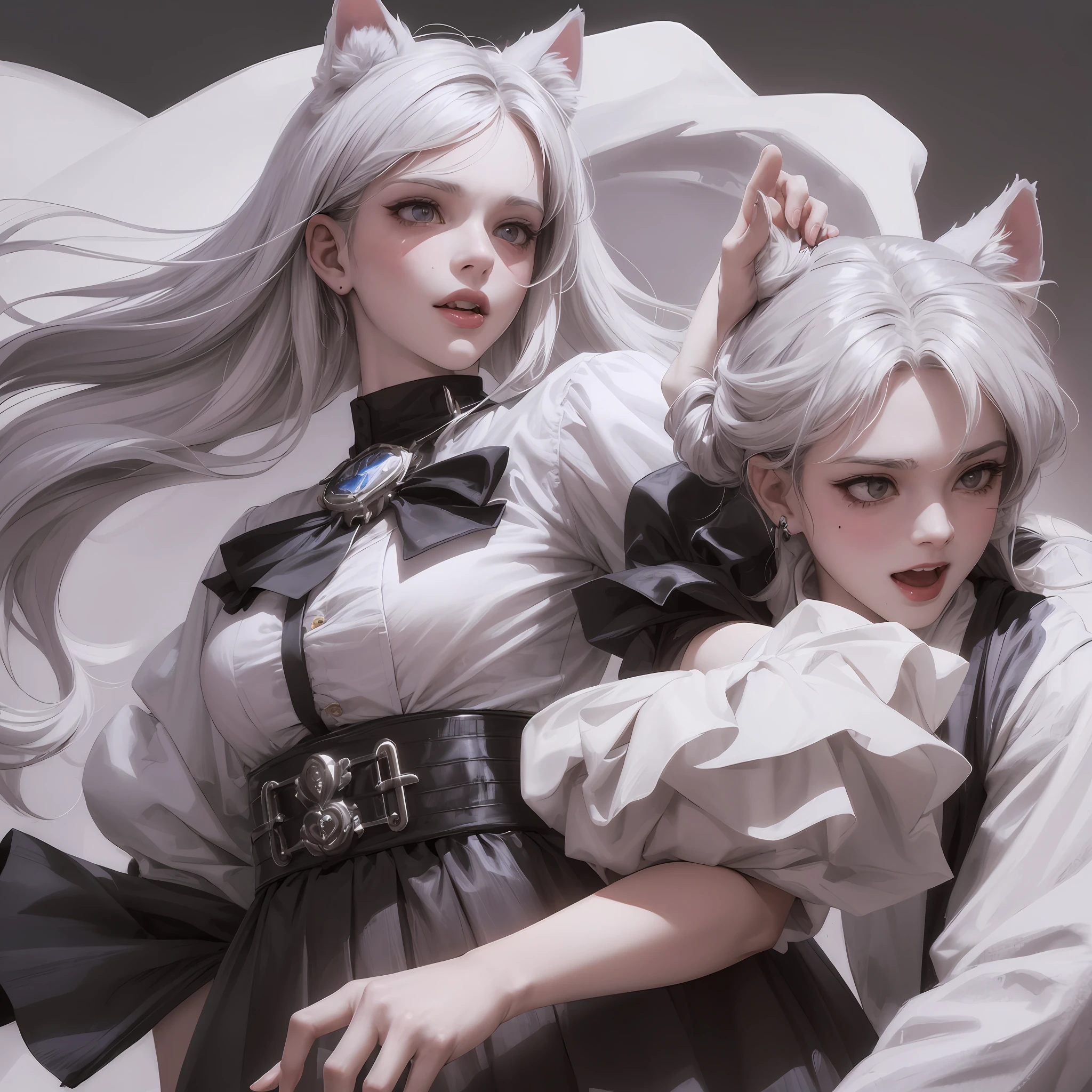 Black hair, hair bobbles, wince, long eyelasher, solid circle eyes, Fake animal ears, Light smile, Ear blush, Fang, White hair, Silver hair, Cat ears, Moles under eyes, Shy, Blush, drunk, torogao, Drooling, Yandere, Heart-shaped pupils, Rolling eyes, shadowing, anaglyph, stereograms, tachi-e, angle of view, Atmospheric perspective, three sided view, 8K, Super detail, ccurate, Best quality, 4K, hyper HD, Textured skin of the best quality,tmasterpiece,Silver Wolf,Open-chest sexy outfits,cat ear,The duck sits on the bed ,Bigchest,D-cups,Middle opening,Shadows loom,wide open thighs,There is a milky white liquid at the corners of the mouth and tongue,The mouth is O-shaped,Tongue exposed ,solo person,high qulity,whaite hair,wistful expression,Face the camera from a short distance,Height 165,Juvenile ,Kind of rolling your eyes,There is a blush on the face,fever, Sweat,Fingers on the chest and below