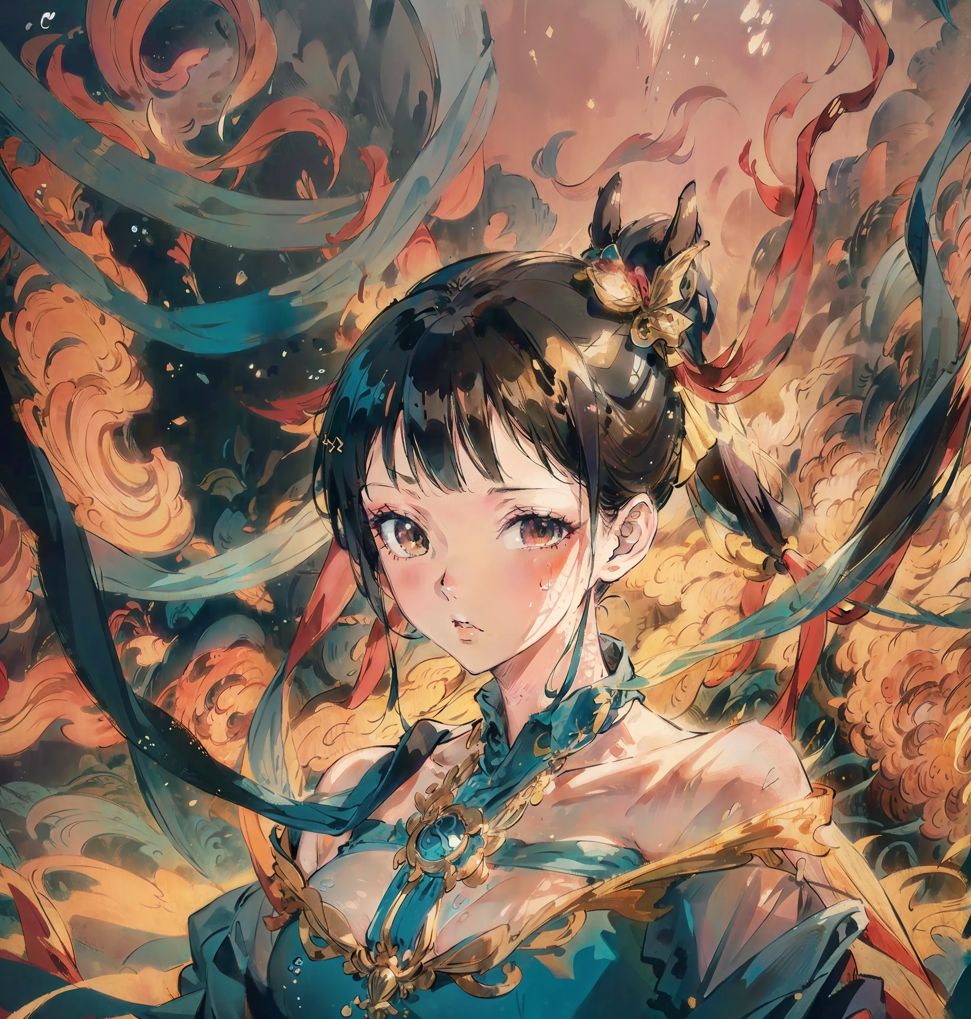 Underwater, trending on artstationh, A high resolution, Best quality, Masterpiece, Portrait, Highly detailed, Intricate, Female underwater diver, Sleeveless sexy swimsuit, pony tails, bangs, small boobs, Sexy body, Dreamlike, Award-Awarded