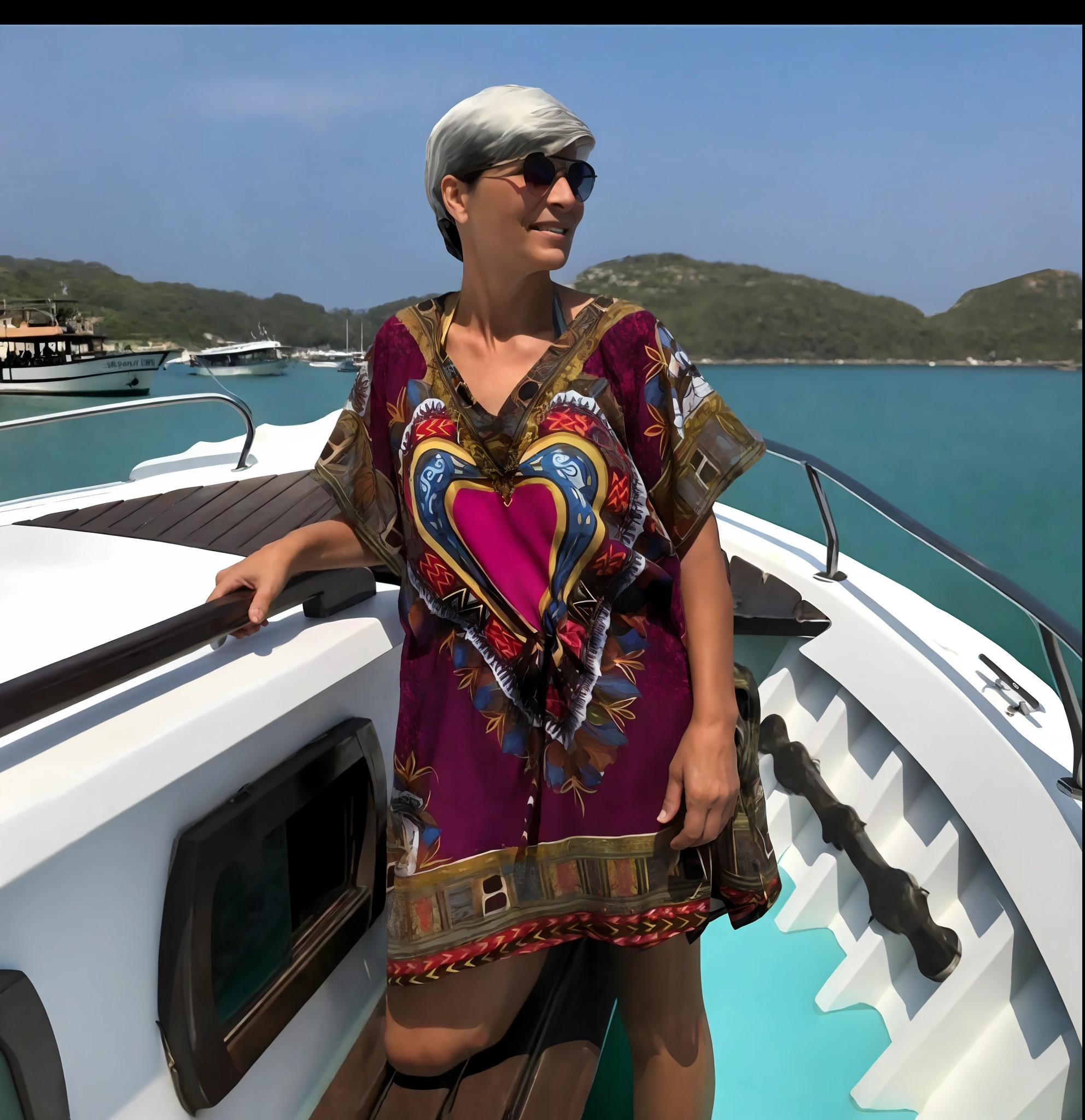 Woman standing on a boat on water, vestindo chiton floral rosa, vestindo chiton floral, usando um vestido africano, usando uma roupa ornamentada, 3 0 anos mulher, wearing an old tunic, em um barco, ela tem cerca de 3 0 anos, vestindo uma capa de barca, ela tem cerca de 30 anos, no mar, linda senhora