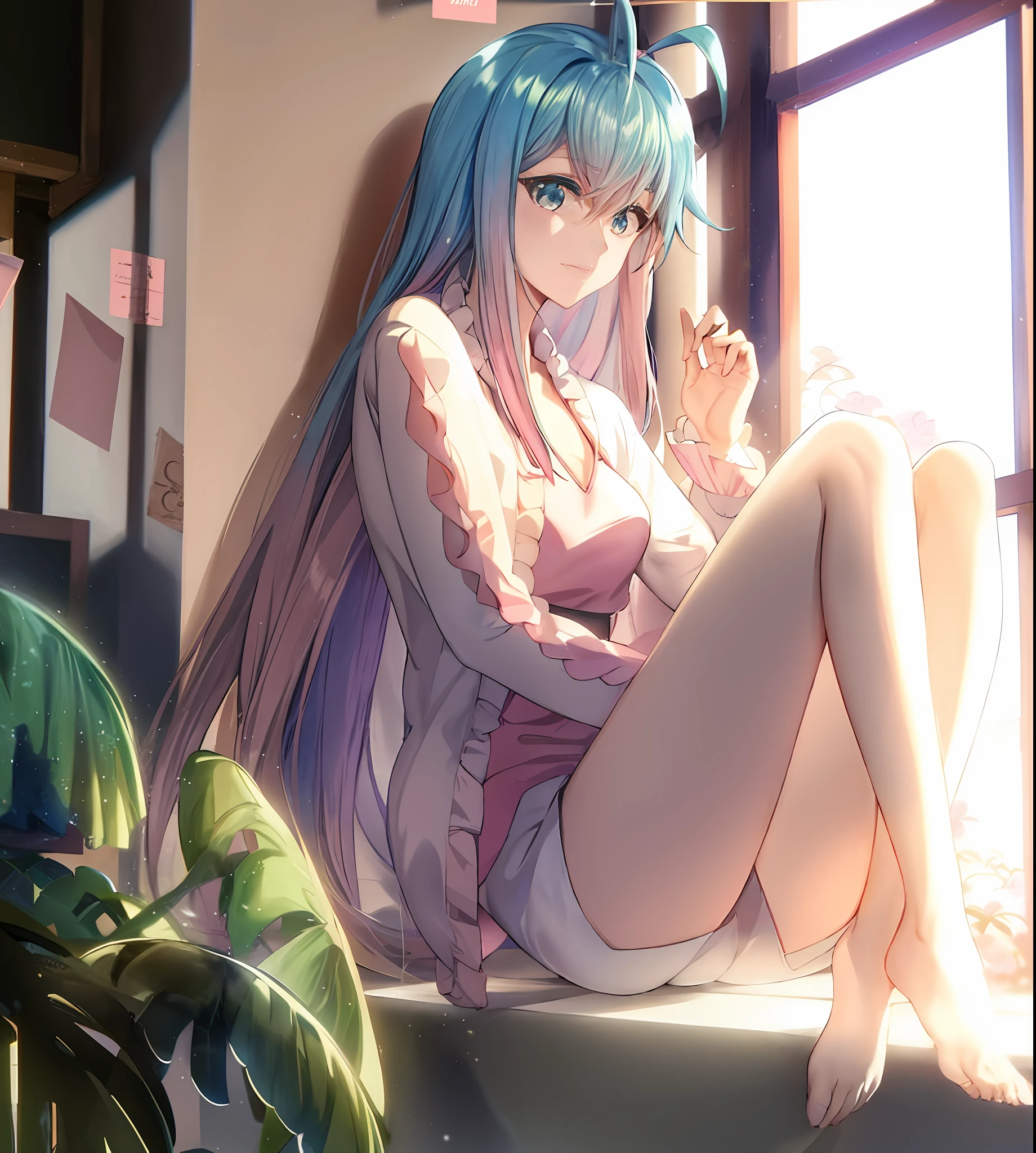 Anime girl sitting on windowsill，legs crossed, seductive anime girls, style of anime4 K, Beautiful anime girl, Anime. Soft lighting, Beautiful anime artwork, nightcore, Anime art wallpaper 4k, Anime art wallpaper 4 K, Anime girl with teal hair, 4K anime wallpaper, beautiful anime girl crouching, Anime art wallpaper 8 K, Cute anime girl
