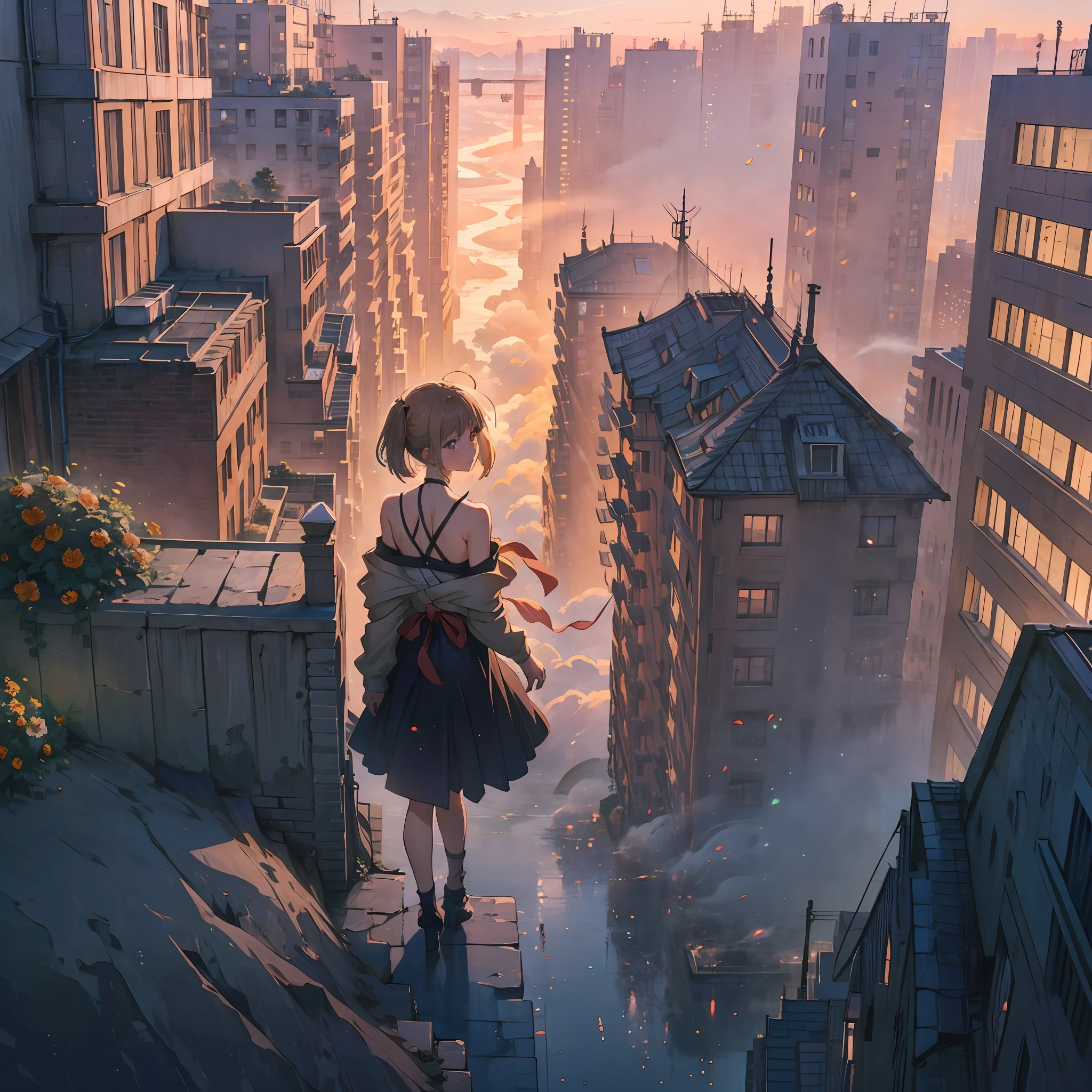 Highest quality, 8k, solo, Balcony, city scape,(anime girl: 2.0), juvenile, full body,particle,(bare shoulder: 1.5), Bound hair, (fair skin: 1.8), closed face, looking at viewer, fog, Flower pot, --auto