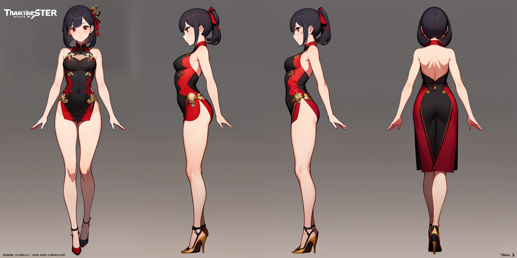 1 female martial artist，Wear kung fu cheongsam and red ribbons，naked leg，high-heels，Metal pointed toe super heels，[ Character design ], Highly detailed character design, concept art style, anime concept art, full body concept art（tmasterpiece：1.2），（best qualtiy：1.3），standing on your feet