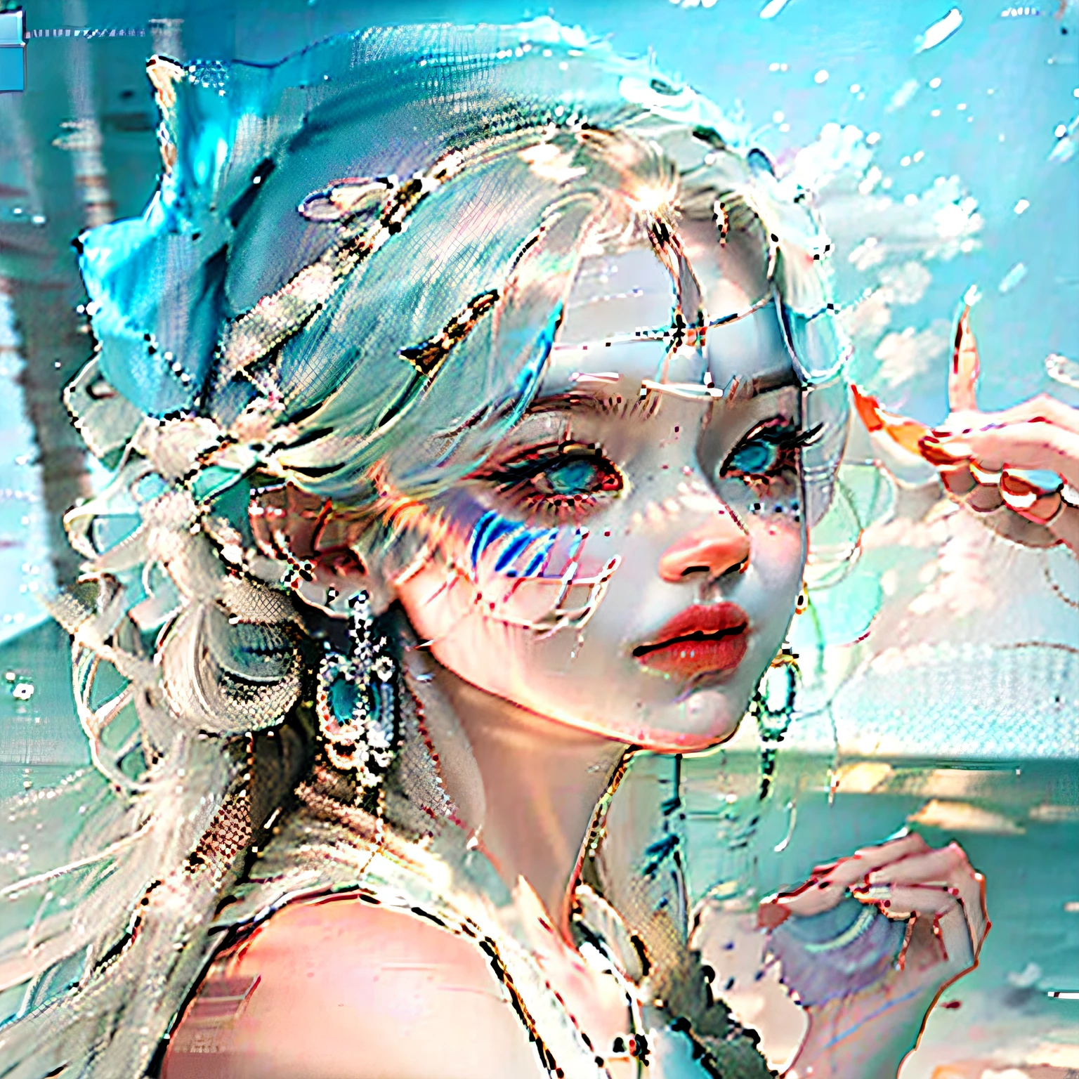 braidedponytail, Hair Bow, aqua eyes, Crescent earrings, Lick lip, character sheets, angle of view, Luminism, Ray tracing, En plein air, Textured skin, High details ,blue-sky,baiyun,beachside,Swimsuit beauty --auto