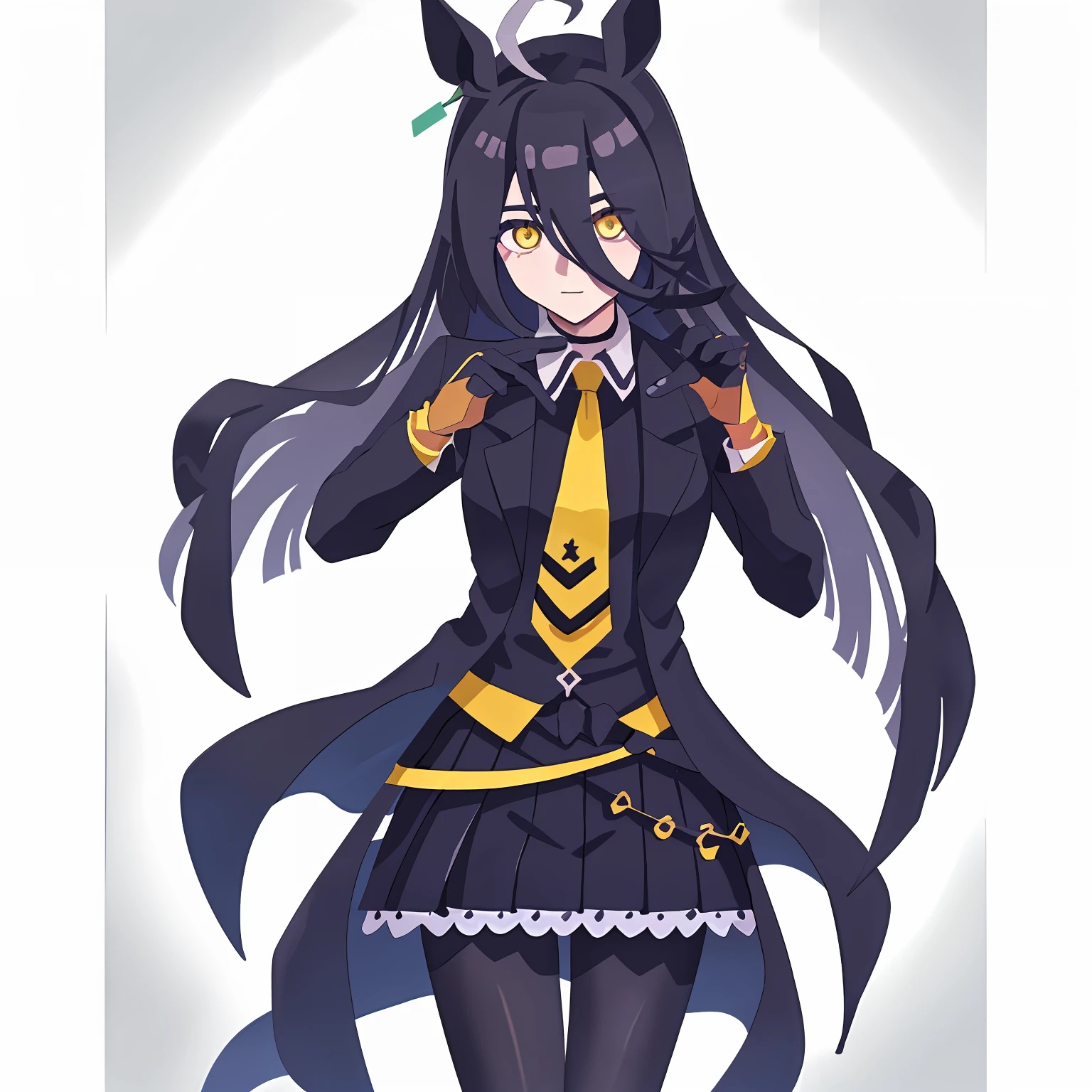 1girl in,manhattan-cafe,manhattan-cafe(Racing Wear),Horse Girl,Horse ears,hair_Bland_Eyes,Solo,pantyhose,long_hair, Black_hair, Black Gloves,yellow_Eyes,Ahoge,neck tie,Black_Jacket,Skirt,Black_Footwear,(jojo pose:1.2)