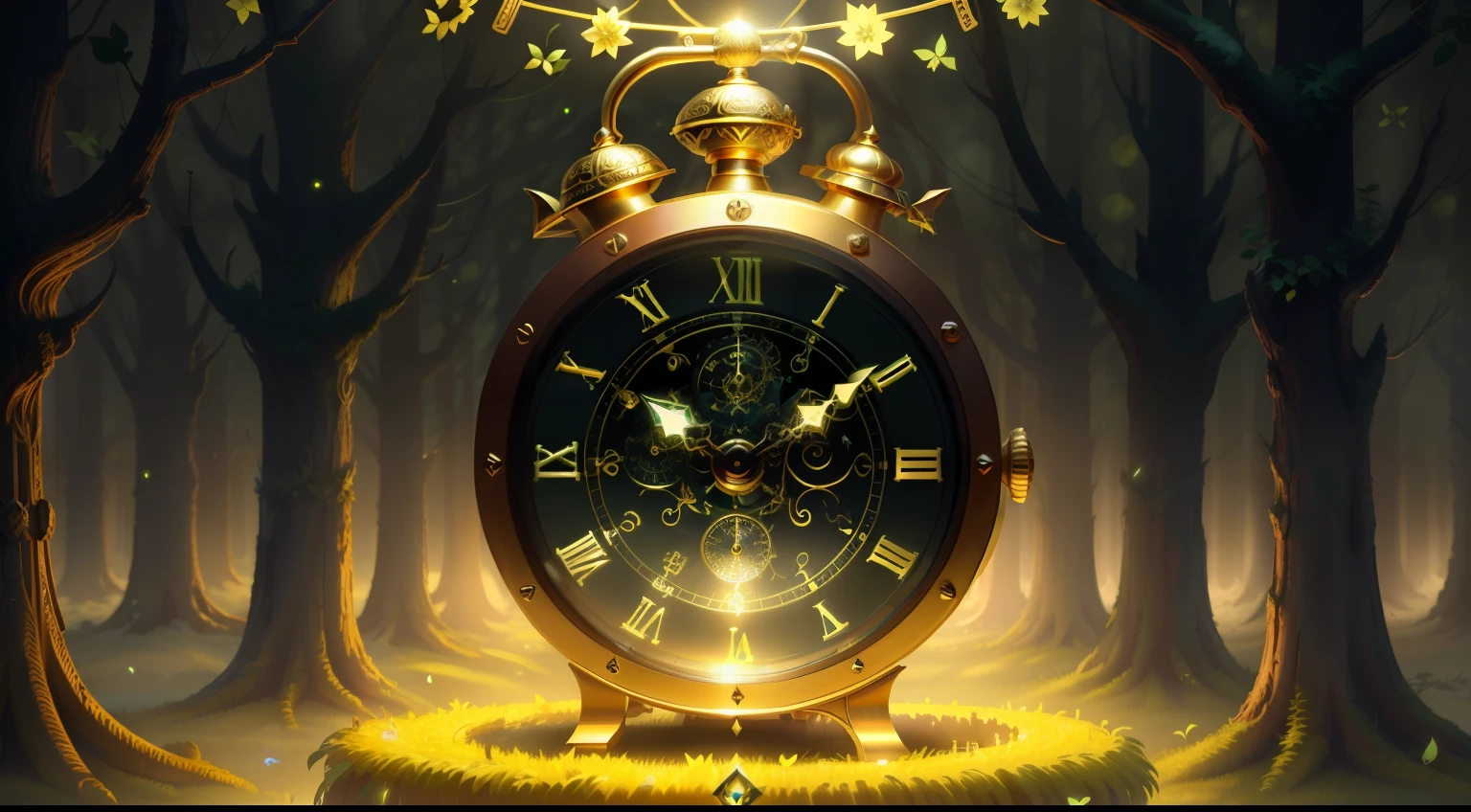 Photo of a large hand holding an antique gold watch, monstro, magia-fantasia-floresta, arte digital, most amazing art in the world, ((sem humanos)), Light Volumetric, cores suaves equilibradas, forest scenario, videiras, uhd, render de octanas 8k, magica, Awesome, ethereal, intrincado, design intrincado, ultra sharp, sombras, cores mais frias, trend in CGSociety, olhos brilhantes, ((melhor qualidade)), ((obra-prima)), (detalhado), antique clock