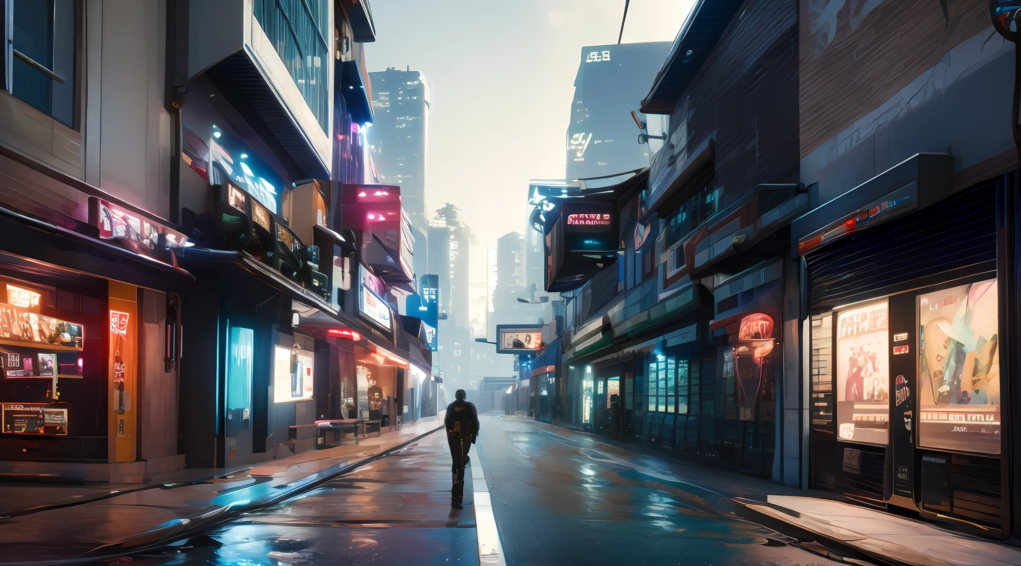 (((A masterpiece))), Best Picture Quality, Beautiful cyberpunk style, Side view, Street commercial area, Good city details, Unique cyberpunk atmosphere, Street-style scene, A surreal theme with Japanese elements。