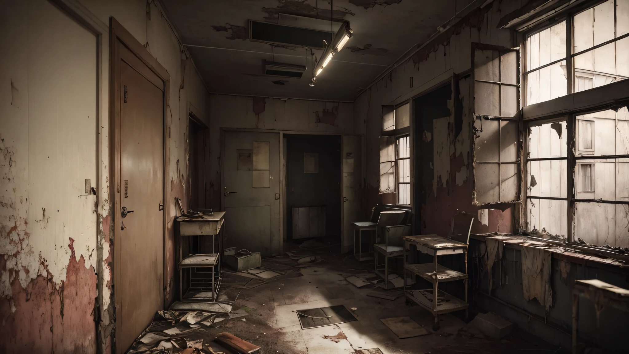 1. A decrepit, abandoned hospital, where the flickering lights and echoing footsteps of unseen figures send shivers down the spine. In the darkened surgical room, rusted instruments glint ominously in the pale moonlight, as if waiting for their next victim.