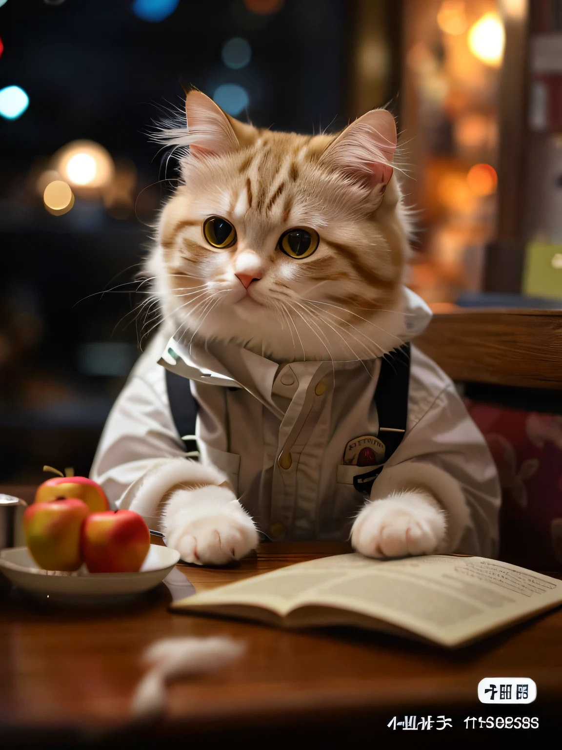 There was a cat sitting at the table，holding an apple, intellectual cat, cat on the table, Cute cat, A cute cat, Fully dressed, casually dressed, cute cat photo, furry artist, awesome cat, an anthro cat, photo of a cat, mischievous look, the cat is drinking tea, dinner is served, awww, dressed casually，White ( cat ) Girl, elegant cat, silver eyes full body, White hairs, beautiful cat, gleaming silver, White cat, persian queen, persian princess, very attractive and beautiful, scottish fold, A cute cat, beautiful female white, exotic shorthair cat