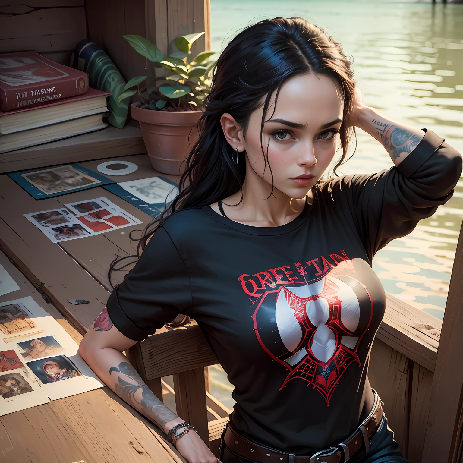 (The sticker has text written on it "Queen of Thieves"), Decorated with intricate full borders along the edges, Tarot top view, Illustration of Mrs. in the Lake, mysterious, Wear tattoos, Rectangular border, Trends on the art site (vectorial art), Fabian Perez, A professional art masterpiece with detailed and realistic depiction, (Professional t-shirt design)，little breast，Spider-Man dress up --auto