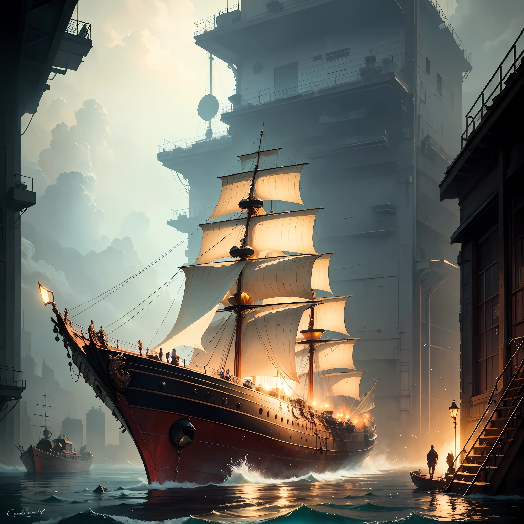 boat floating made of spaghetti, on top of water, by Karol Bak, in a sci-fi shipping port, at the bottom of the ocean, artistic depiction, pasta, by Clint Cearley, super aesthetic --auto
