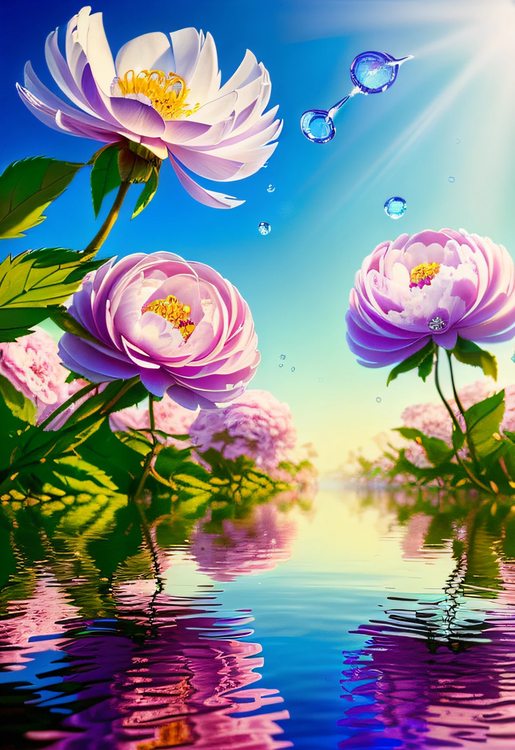(melhor qualidade, obra-prima),wallpaper of blooming peonies flowers, no estilo vray tracing, fantastic images, sonhos surrealistas, dreamlike nature, Dmitry Spiros, Ultra-high definition image(UHD),(many drops of water:1.2),realistic and ethereal