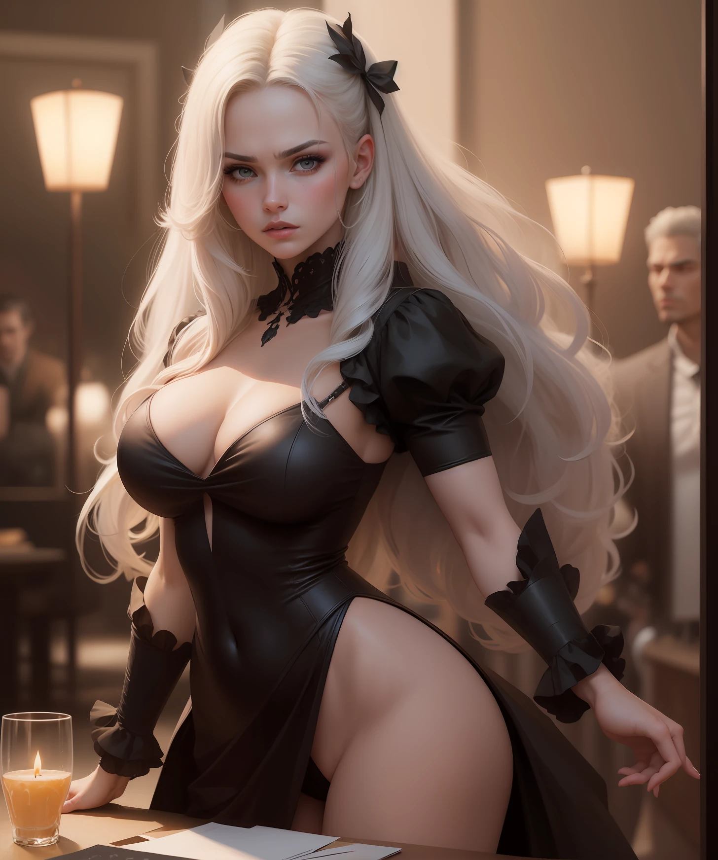 (Angry and serious look)mulher grisalho com cabelos brancos, vestido curto, grande decote, cabelos longos liso, de cabelos brancos perfeitos, meninaabelos brancos acompanhada de um homem, homem alto homem de cabelo preto homem musculoso vestindo roupa de gala, homem com musculos grandes, olhos perfeitos, os dois com olhos perfeitos, German style bearded man, serious face, peludo, cabelo preto, se olhando, acompanhando a mulher,Tema Dia dos Namorados, candlelit dinner, celebration, felicidade, perfil do homem do cabelo rasgado preto escuro, se encarando, ar romantico,arte no estilo de guweiz, no estilo de ross tran, deviantart artstation cgscosiety, bela arte digital, garota anime sedutora, flowing white hair, estilo artgerm, inspirado em Ross Tran,