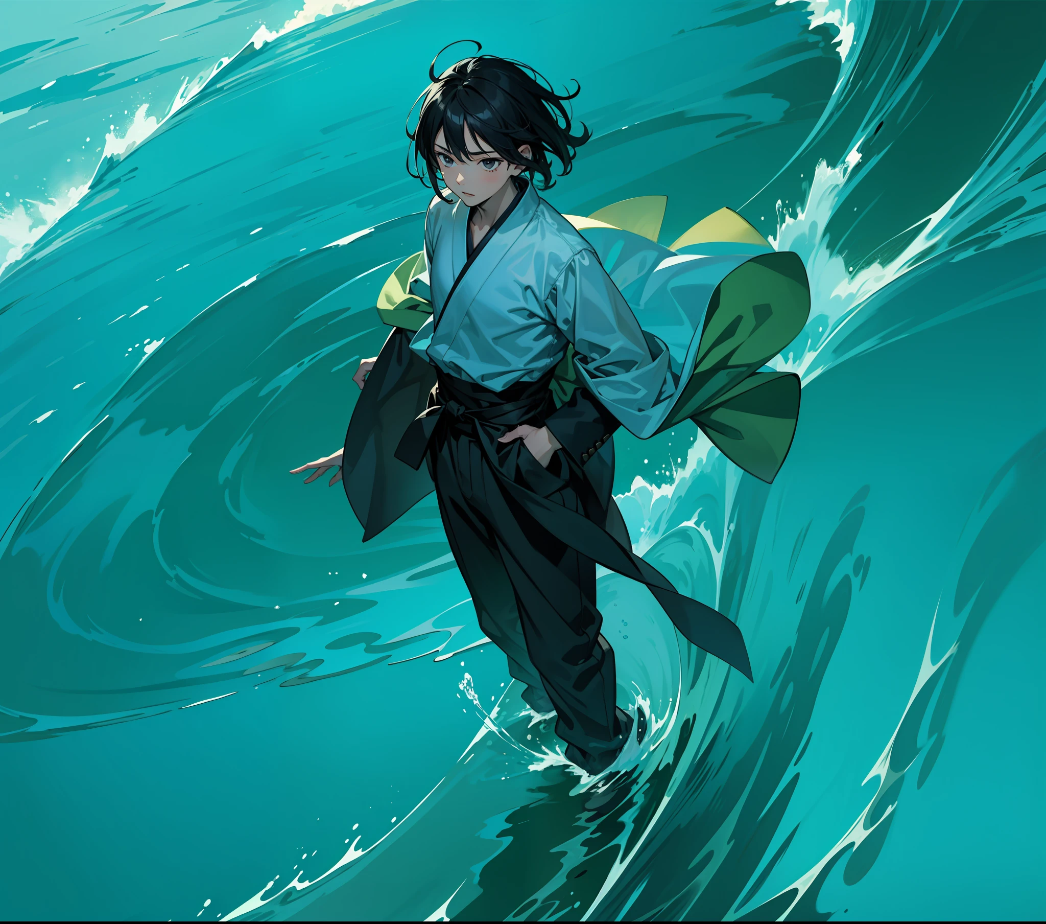 spray,ukiyoe painting,younge boy,Treading the waves,Arms spread wide,with short black hair,whitet-shirt