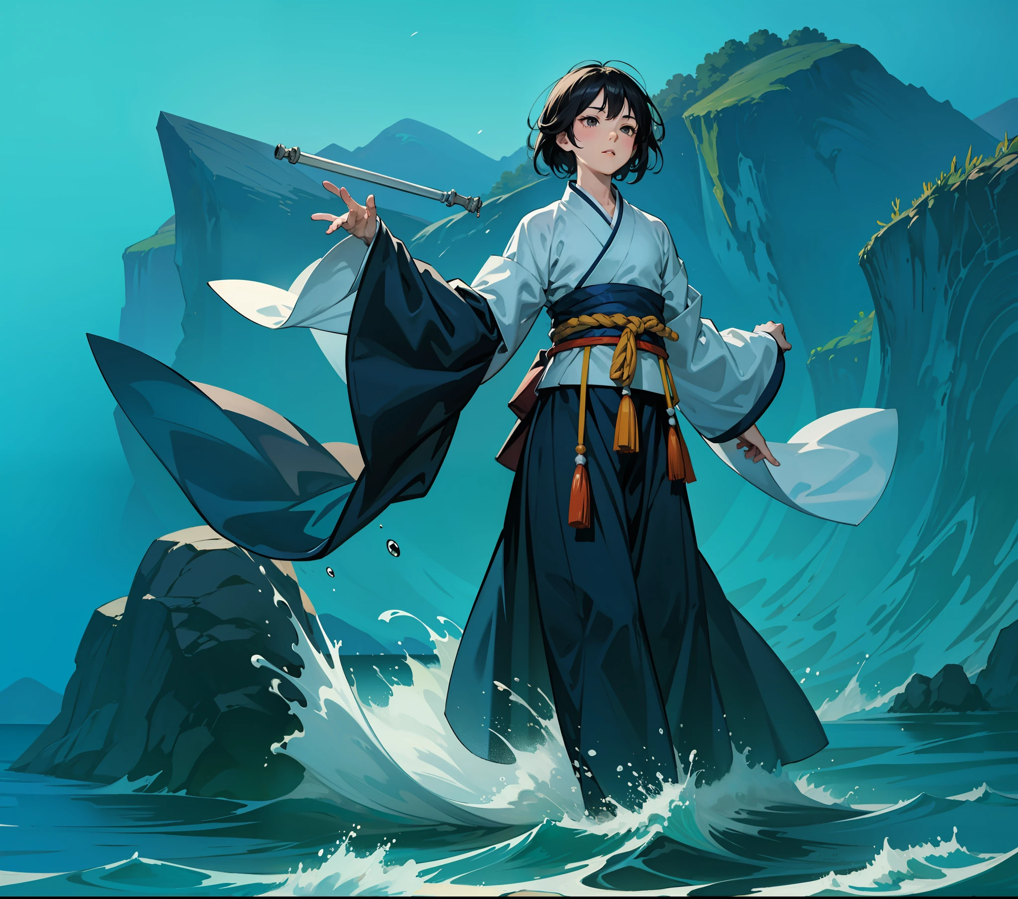 spray，ukiyoe painting，younge boy，Treading the waves，Arms spread wide，with short black hair，Hanfu