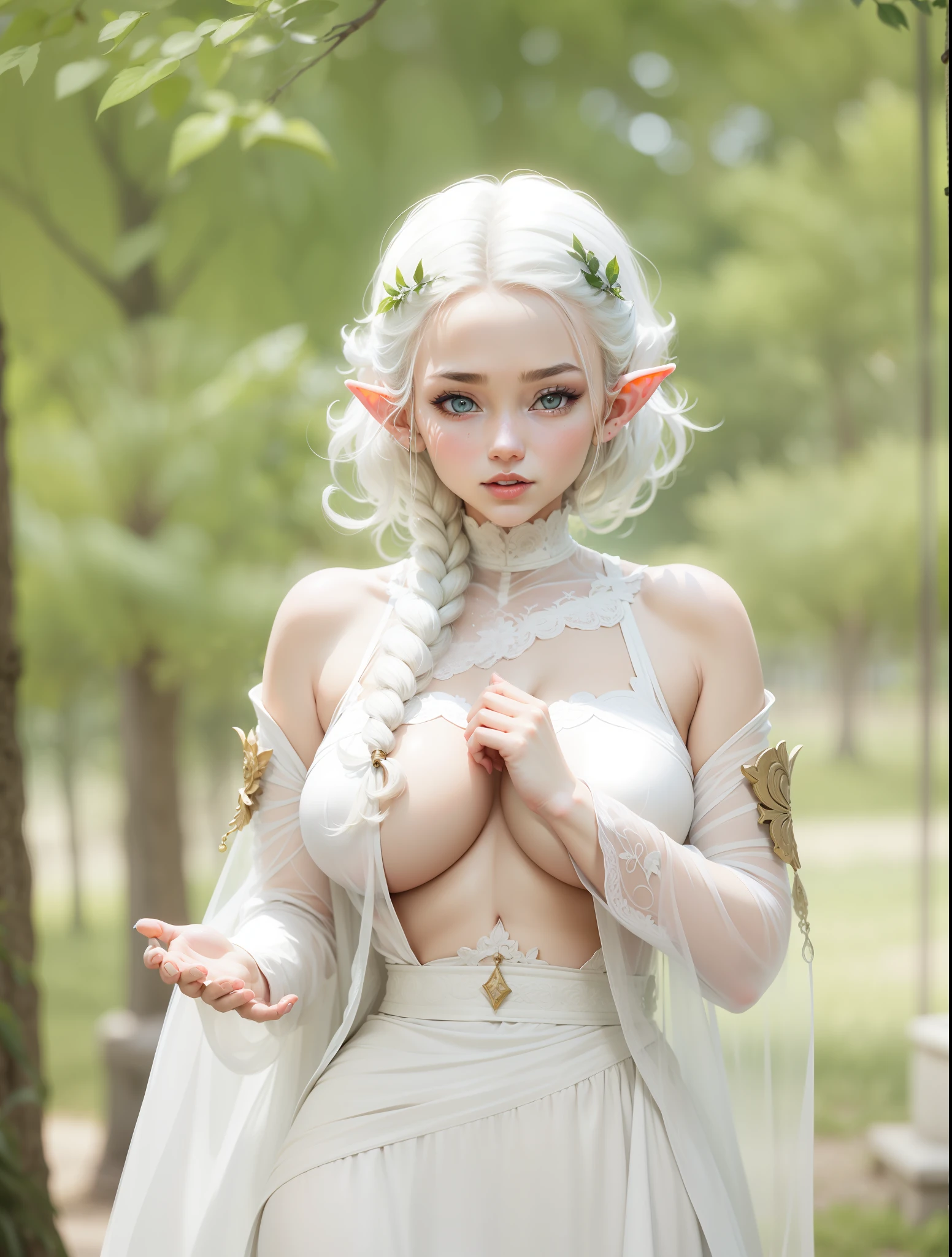 Elf ears，a white long skirt，whaite hair，Black pupils，faeries，Whitening skin，huge tit，with a good figure