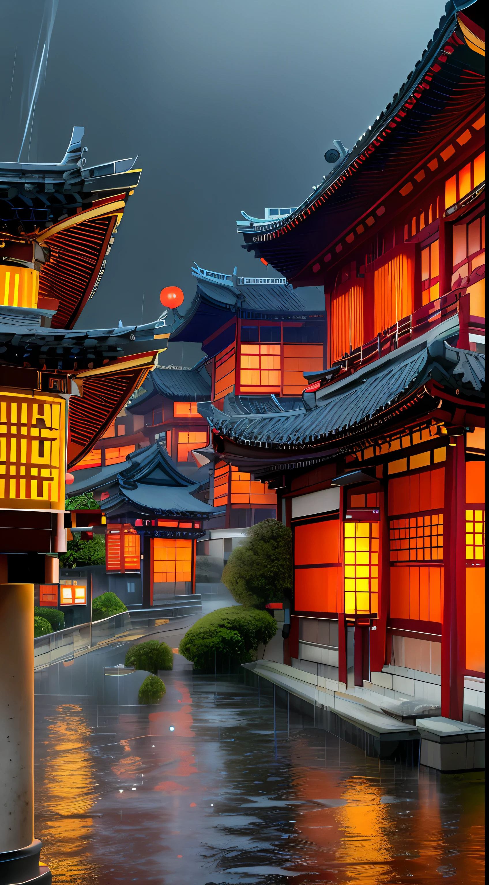 arafed view of a village with a lot of lights on the buildings, dreamy chinese town, chinese village, amazing wallpaper, japanese town, japanese village, hyper realistic photo of a town, old asian village, japanese city, by Raymond Han, rainy evening, cyberpunk chinese ancient castle, beautifully lit buildings, at evening during rain, beautiful and aesthetic, photography, cinematic, 8k, high detailed ((Heavy rain)))