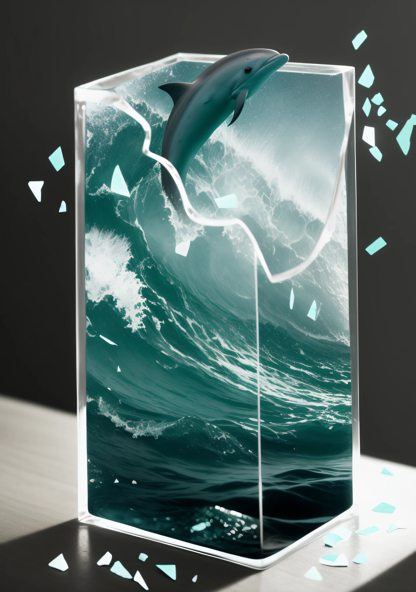 Clear crystal cuboid,There are waves inside,The dolphin jumps up and touches the lame glass,Splashes of glass shards,There are a lot of shards of glass on the table,The wave of reality and brainwashing,((Bright waters)),Pastel warm gray background,(Fog in the sea:1.2),atmosphere,cinematic ligh,Dull colors,Dark shots,pastel colour,Film graininess,lute,Spooky like
