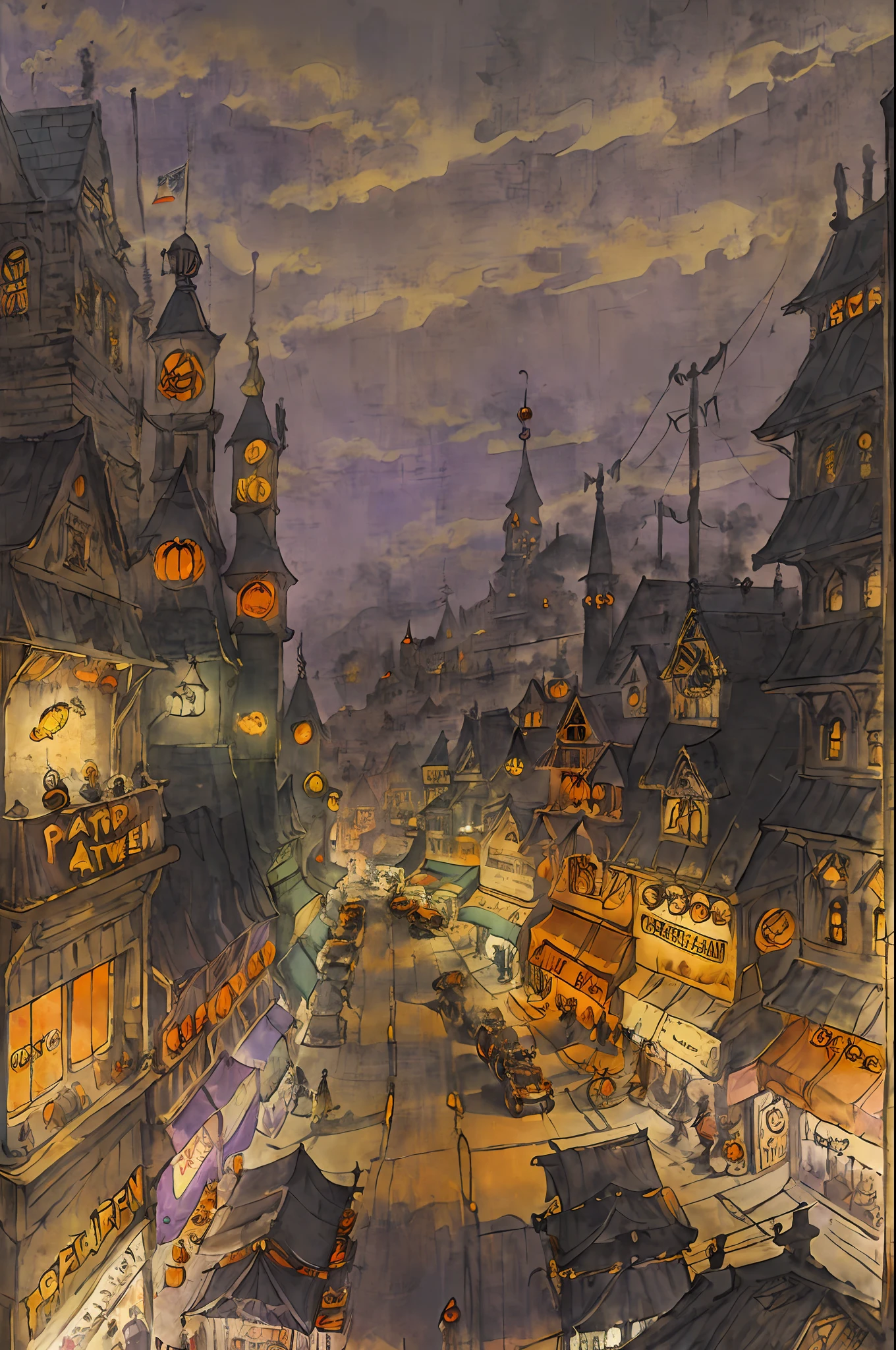 One-person viewpoint、Beautiful futuristic Halloween-colored shopping street packed with 3D, 2D and steampunk elements、Dreamy views of steampunk tower architecture and magical elements、Vivid HD animation Halloween color shopping street、Animated landscape concept art、Gorgeous Golden Steampunk Shopping Street、Steampunk Halloween-colored shopping street with anime-style fantasy artwork