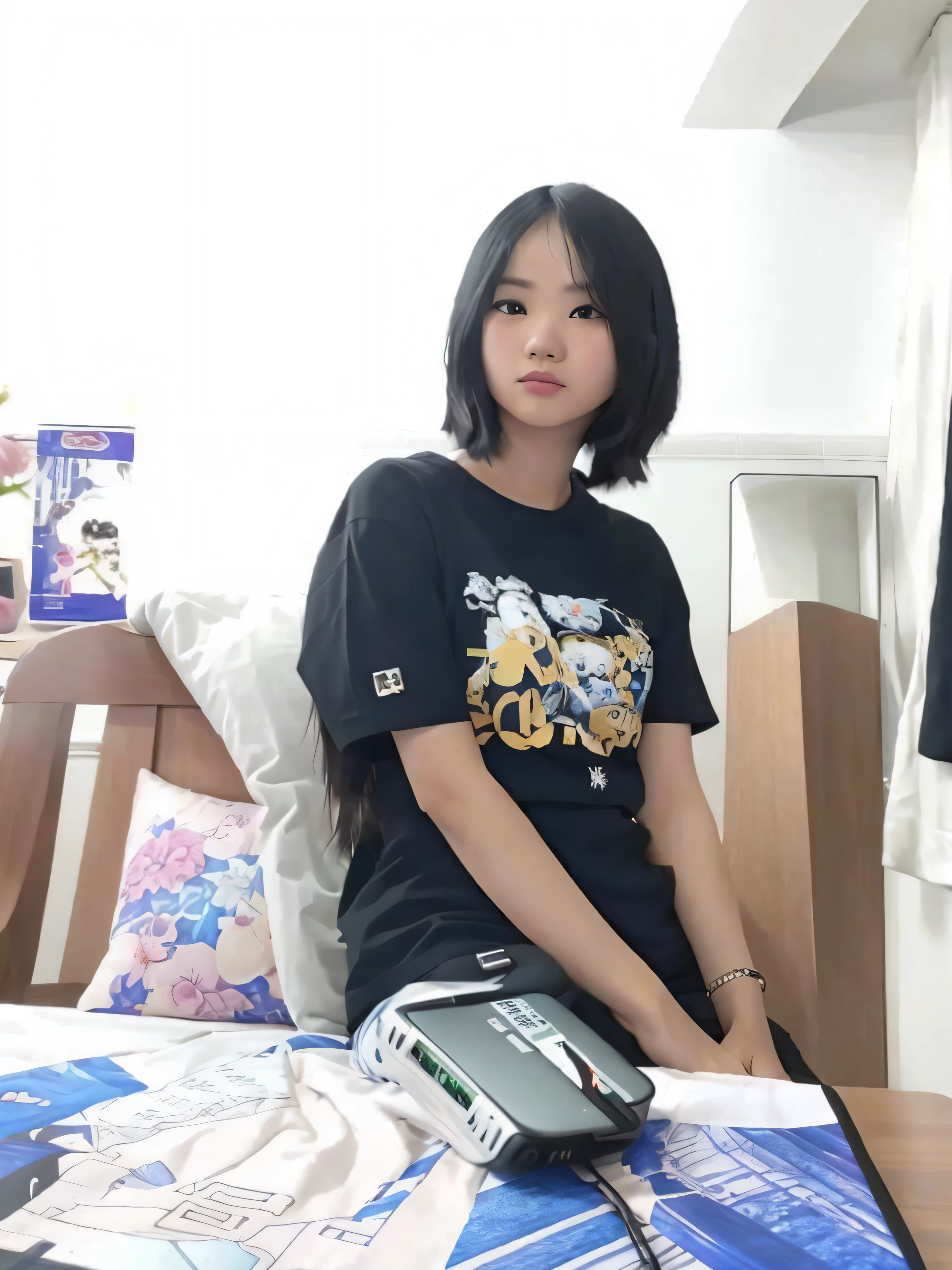 there is a woman sitting on a bed with a laptop and cell phone, anime thai girl, with short hair, xintong chen, 19-year-old girl, 8k 50mm iso 10, wearing black tshirt, with long hair, kanliu666, dang my linh, mid long hair, taken with the best dlsr camera