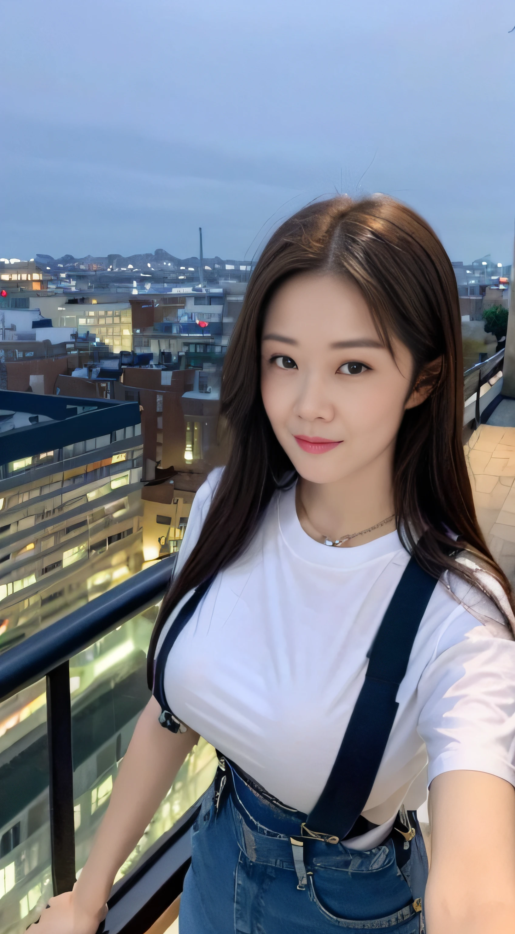 Women around 40 years old,Wear large-rimmed glasses,((midynight, Need, 8K, tmasterpiece:1.3)), full bodyesbian, Long legs, Focalors:1.2, perfect figure beautiful woman:1.4, Slim abs:1.1, ((Dark brown hair, huge tit:1.2 )), (white tight t-shirt, Denim suspenders, standing on your feet:1.2), ((city night scene, the roof:1.3)), Highly detailed facial and skin texture, A detailed eye, 二重まぶた