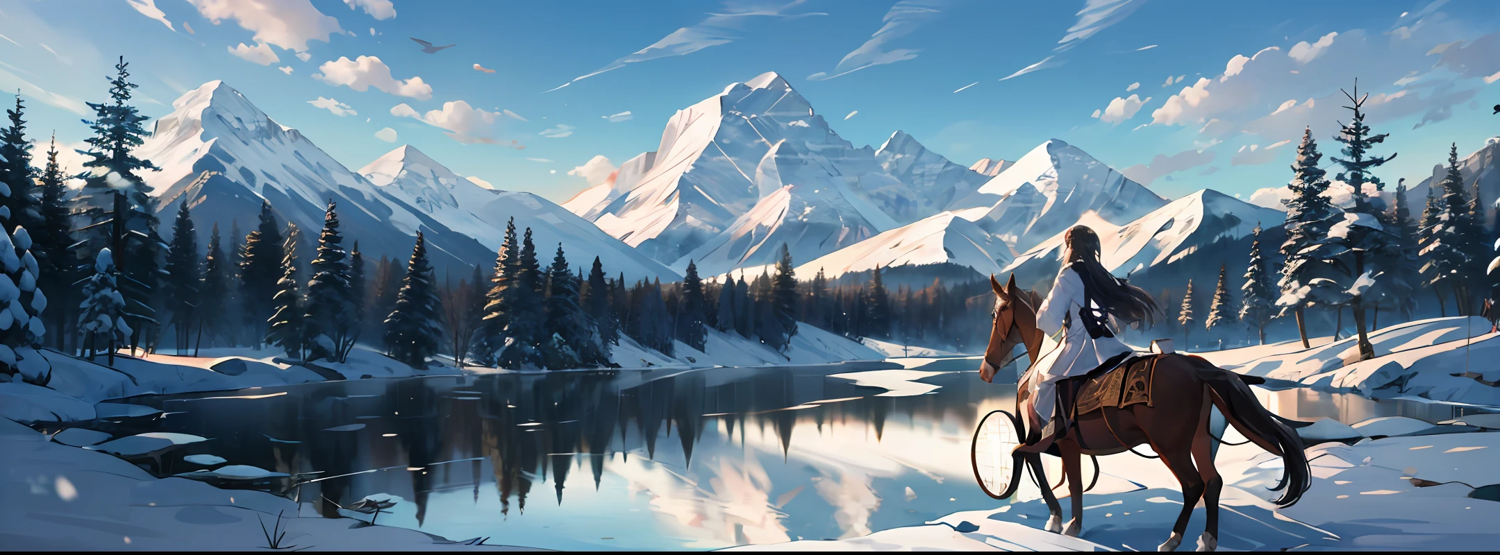 snow mountains,lakes,ln the forest,Girl on a white horse