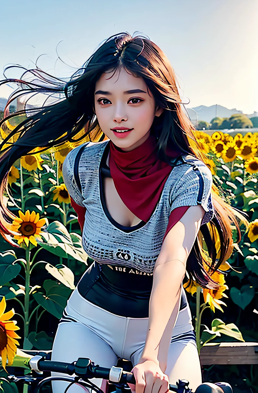 best qualtiy、masterpiece、photoRealstic、intricate-detail、Raw foto、Photon Rendering、Octane Rendering、absurderes、ultra-detailliert、A detailed face、Detailed skin、Trending in art stations、8K Masterpiece、lighting like a movie、( (1girl in))、((独奏) ))、CG Social Trends、Plastic En、((Black Long Hair))、((Beautuful Women))、(A smile)、Upper teeth、Fashionable、summer clothing、Hair that flutters in the wind、((Flowing hair))、fashion magazine、(A sexy)、((lighting like a movie))、((Riding a bike))、((blue-sky))、((Sun flower))、Sunflower field、stroll