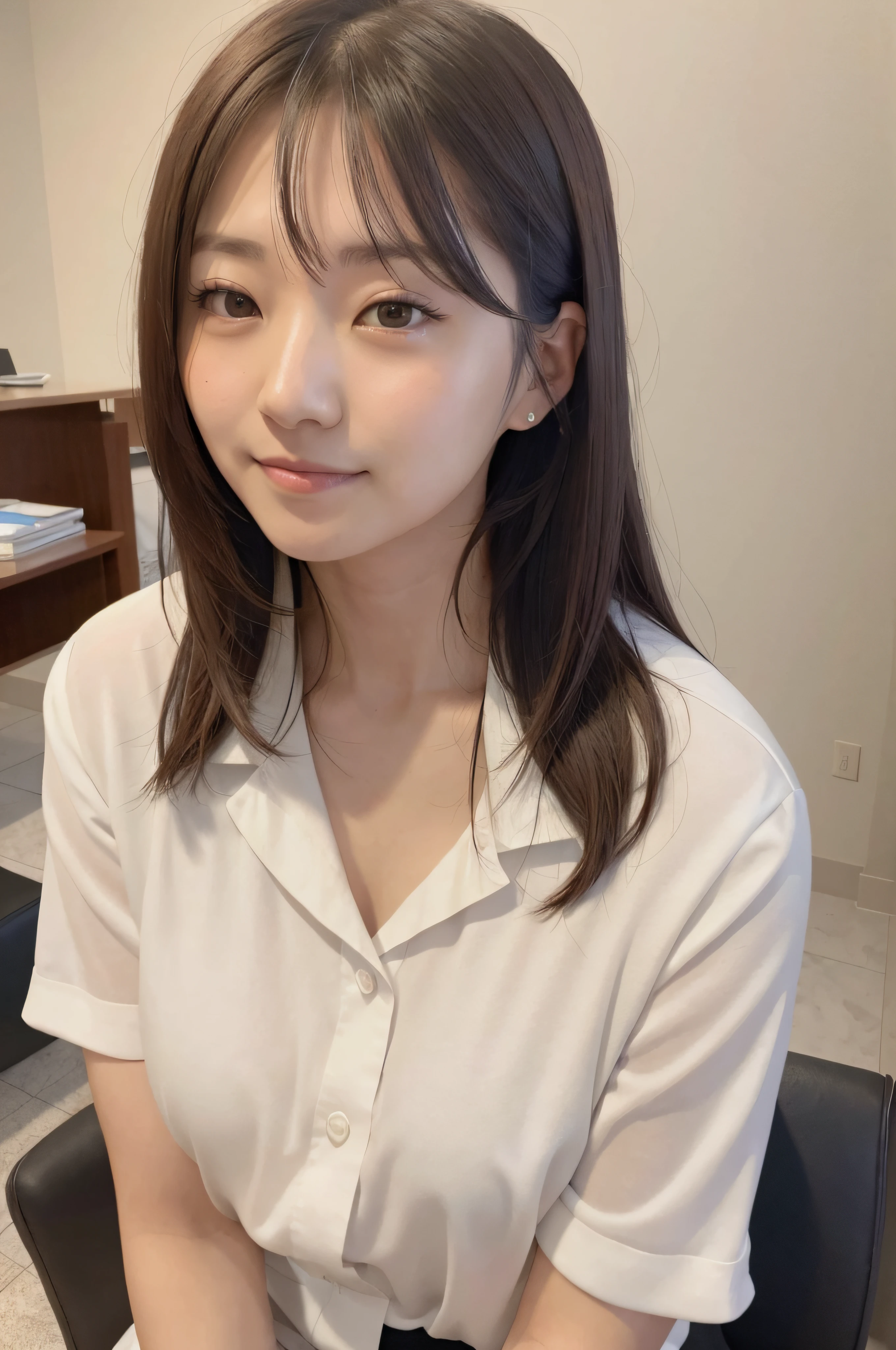 Alafed Asian woman sitting on chair in white shirt, cute - fine - face, jaeyeon nam, 奈良美智, Young adorable Korean face, chiho, girl cute-fine-face, slight cute smile, With short hair, lee ji-eun, lee ji - eun, sakimichan