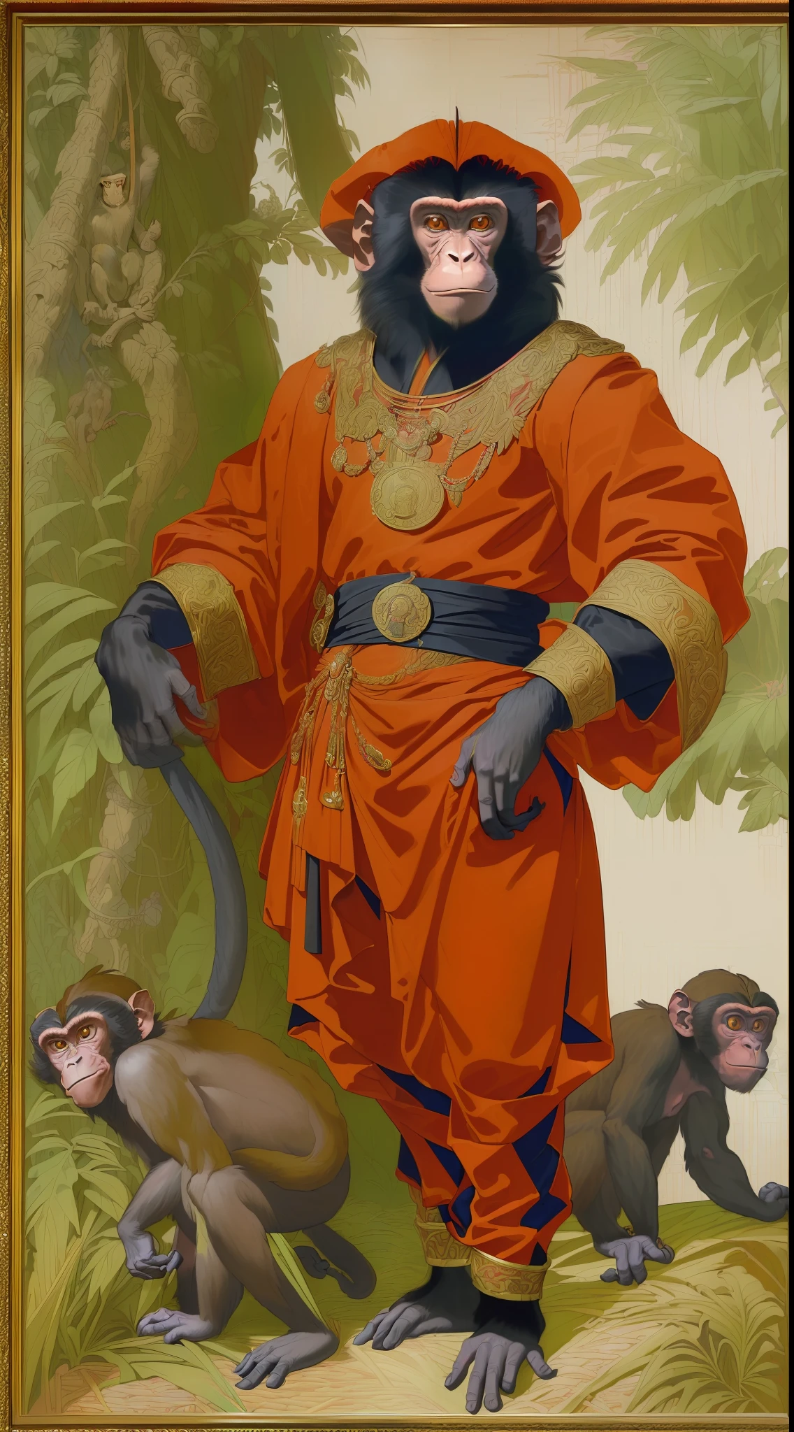 ((Masterpiece)), (realistic), (((Simon Vouet))), (Moebius Jean Giraud), (((full body portrait of a monkey man, noble, arrogant, wearing black and red silken roman uniform with detailed oriental elements, red diamond pendant))), (((jungle, rice paddies background, moths, baroque framing)))