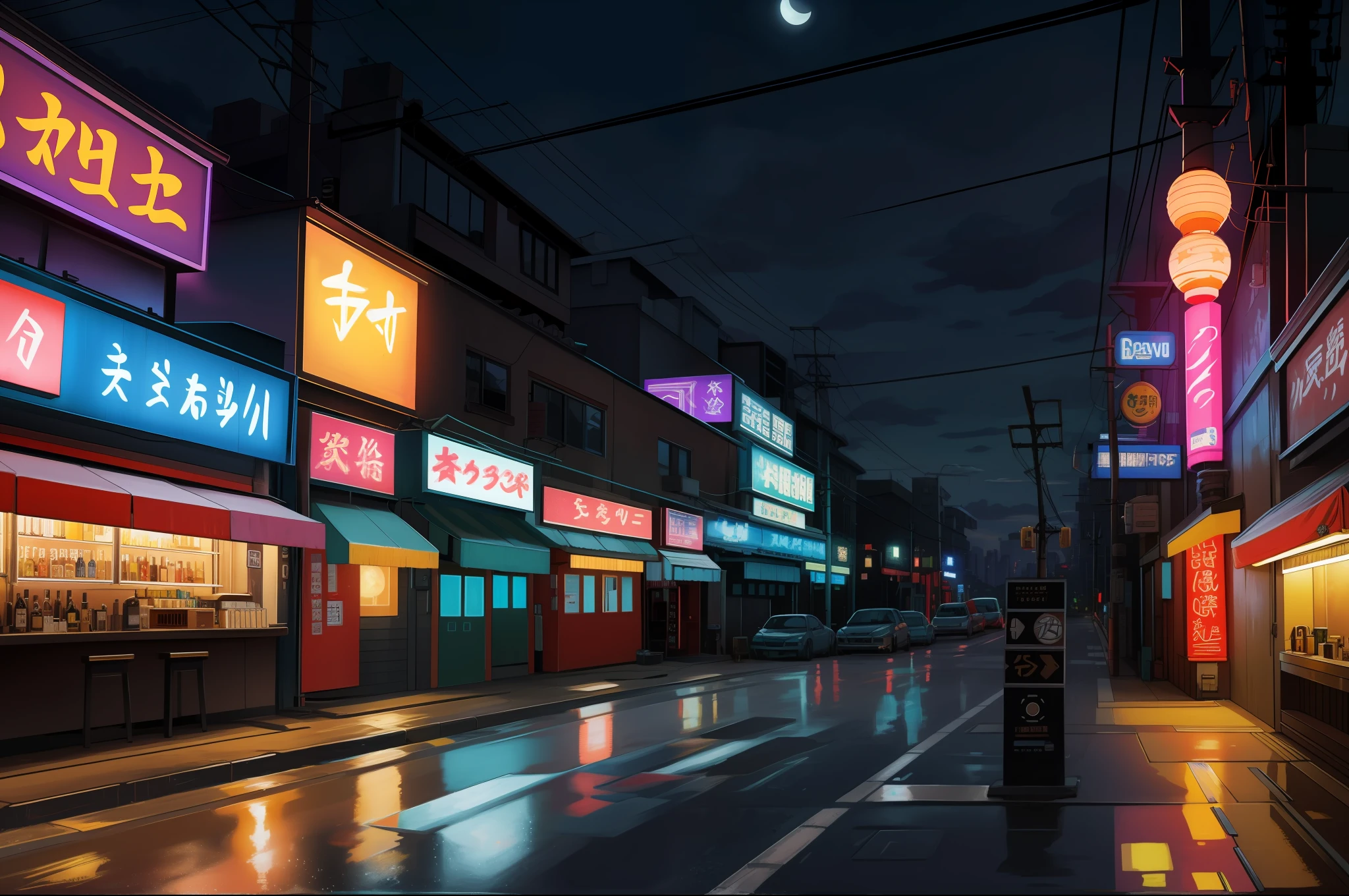 best quality, high resolution, distinct image, oil painting (medium), highly detailed, dmt,
Nightlife, Night city, Cyberpunk city, futuristic cityscape. Neon lights, (skyscraper:1.1), neon lights, neon trim ,cloth sign, ramen stall, night club. bright city lights, exotic car. alcohol, bar, ramen, soup stall ,alcohol bottles, ((Power lines, utility pole)), (stars in sky, moon, clouds
