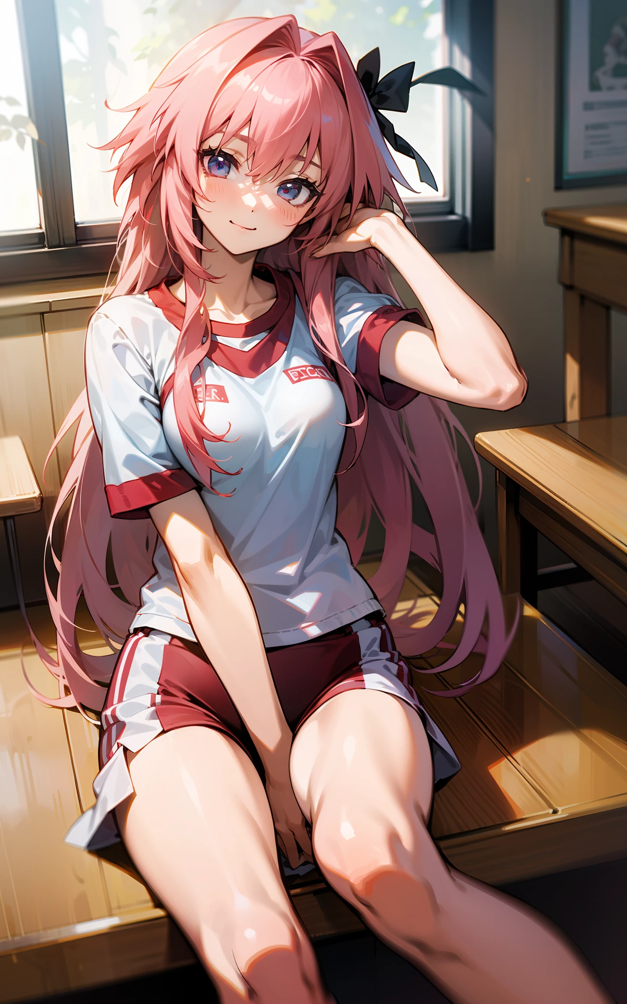 top-quality、hight resolution、detaileds、Beautuful Women、school classrooms、Close-up image of Astolfo、FGO、length hair、High School Gym Clothes、