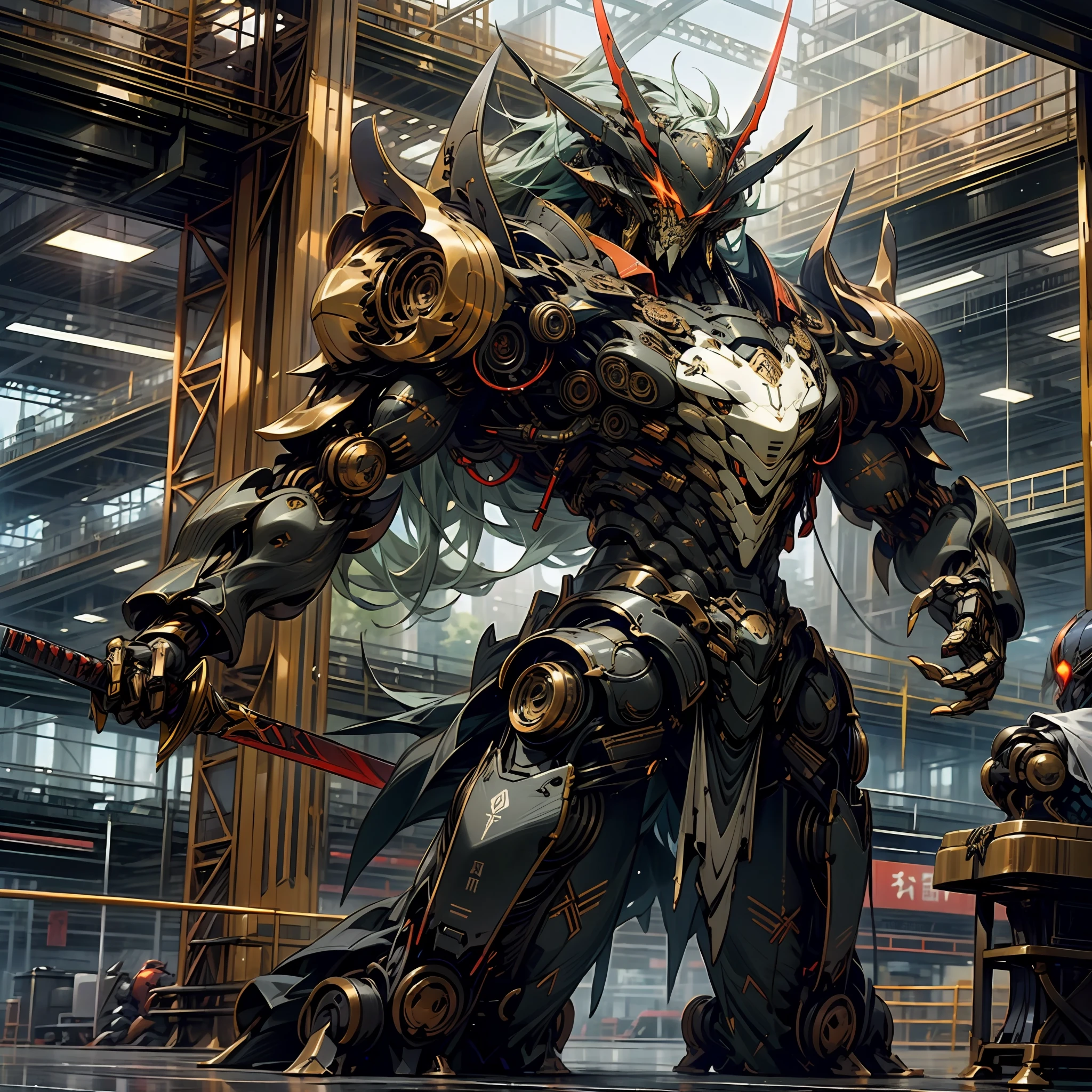 Robots on the battlefield、2 horns、Bright red body、A sword in his hand、built, glowing_eyes, mechs, --auto