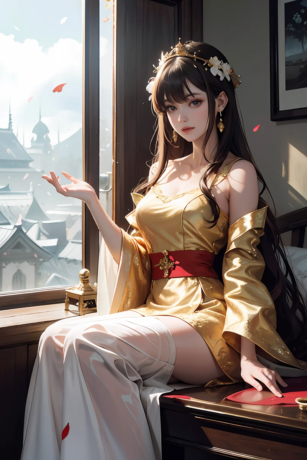 Need,tmasterpiece,A high resolution,(Delicate figure:1.5),Absolutely beautiful,(Milky skin:1.3),exquisitedetails,A high resolution,Wallpapers,1female,独奏,shift dresses,hair adornments,(((Golden and red dress)) ), florals, long whitr hair, A brown-haired, Keep one's mouth shut, trinkets, longer sleeves, Raise Hand, Wide sleeves, Big eyes, Fluttering, Hanfu, Hanfu, embroidery, long  skirt, cleavage，white stockings，natural poses, falling flower petals, inside in room, Fanning,lanterns，16K，HDR，A high resolution，depth of fields，（filmgrain：1.1），Bocoon，prime time，（lens flare glow），Vignette，rainbowing，（Color：1.5）