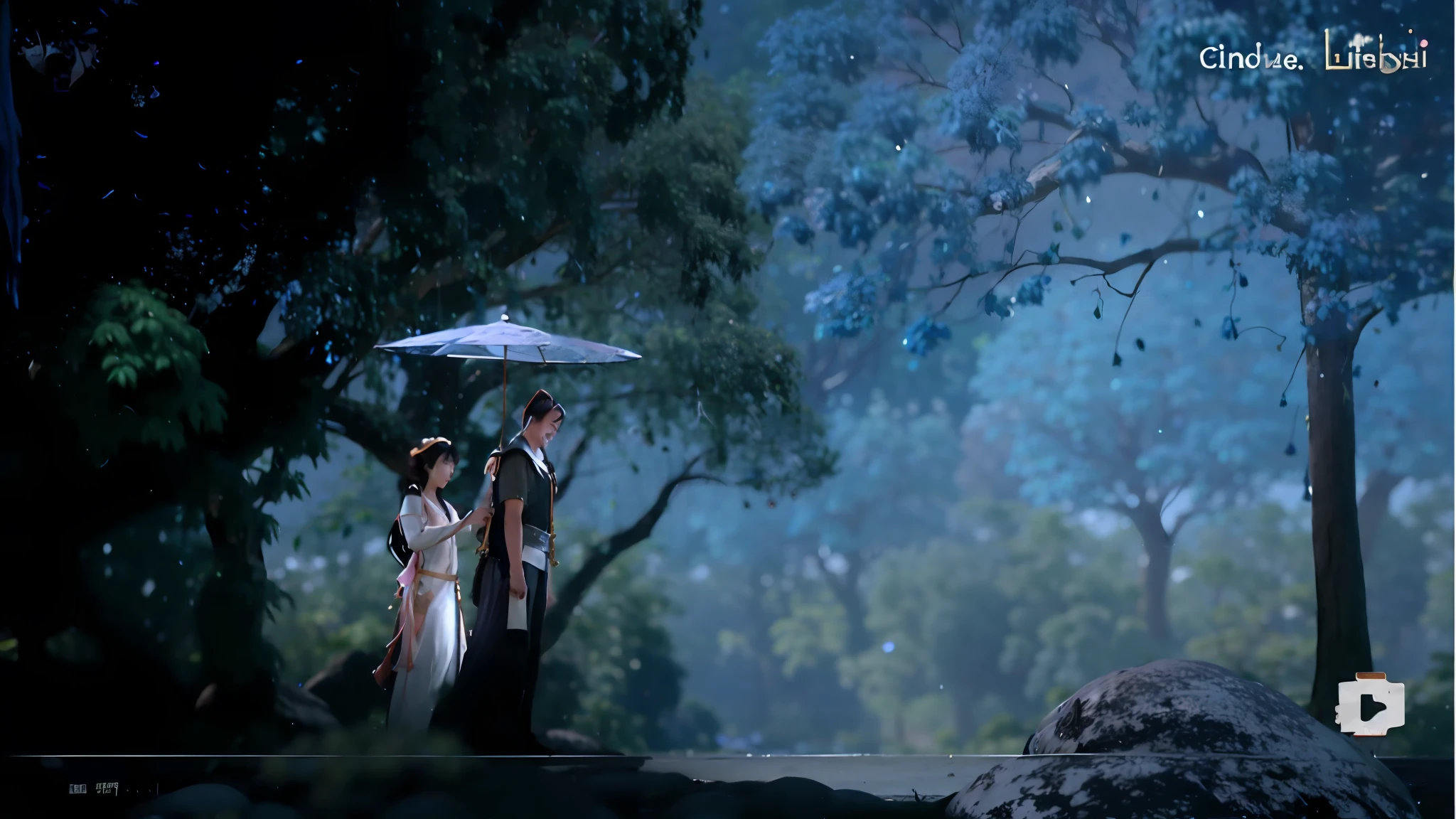 There was a man and a woman walking in the rain with umbrellas, In the Woods Cutscene material, Game CG, cinematics, video game cutscene, cgi cutscene, Wuxia, full-body wuxia, movie screen shot, anime movie screenshot, video game screenshot>, Blade and soul, screenshot from guro anime, cinematic widescreen shot, Fairy Style Antique