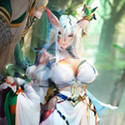 ears of elf,a white long skirt,whaite hair,Black pupils,faeries,Whitening skin,huge tit,with a good figure