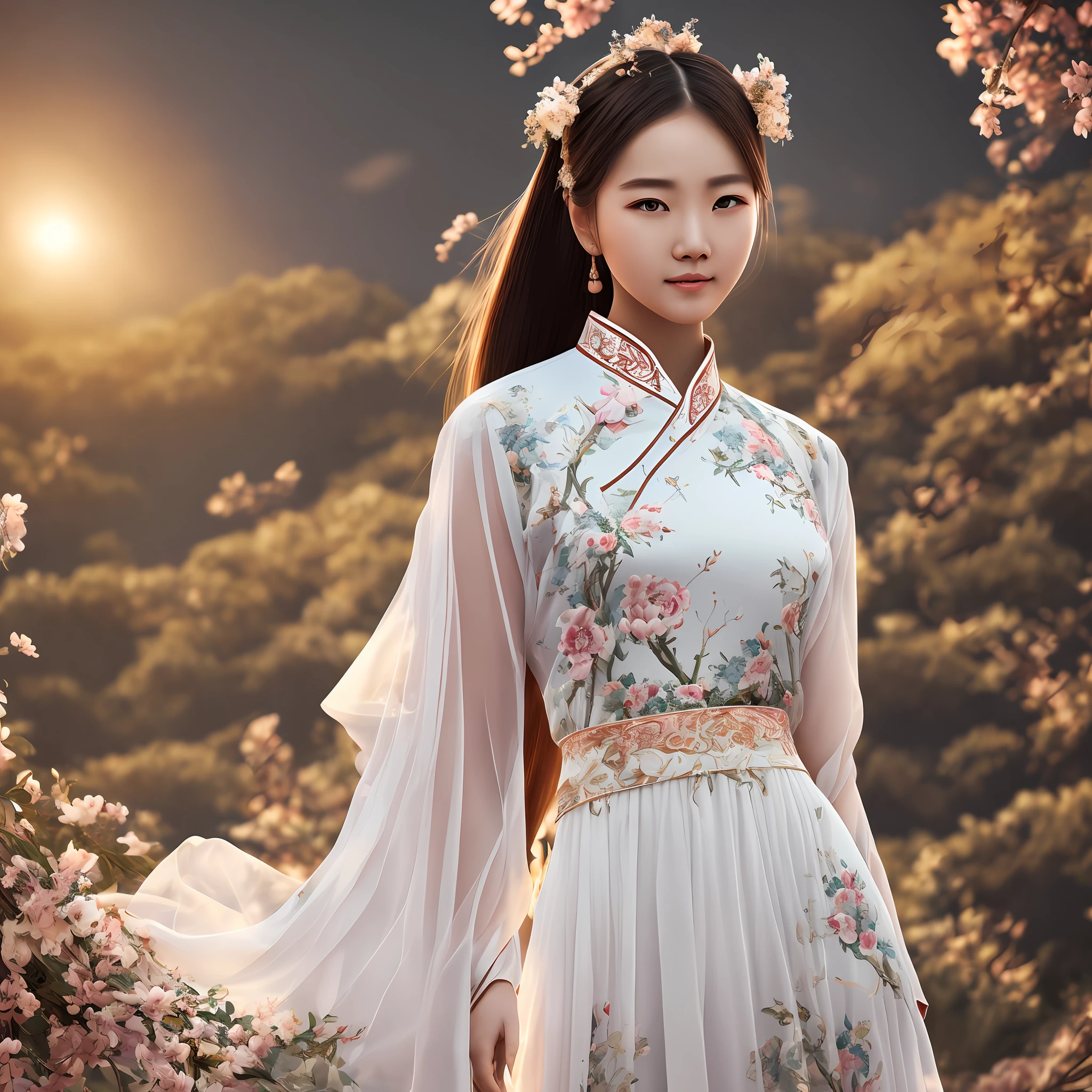 A 20-year-old girl, Ancient Chinese clothing, rays of sunshine, Clear face, Clean white background, tmasterpiece, super detailing, Epic composition, hyper HD, high qulity, extremely detaile, offcial art, Uniform 8k wallpaper, super detailing, 32k -- v 6 --auto