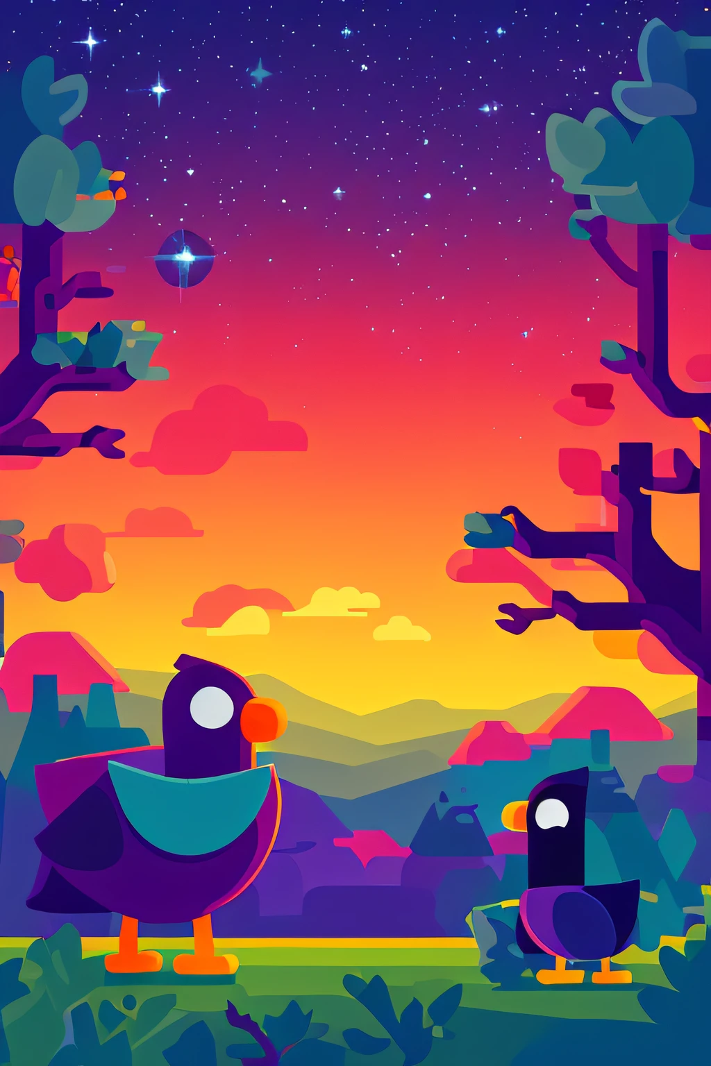 Starry,Kurcig Zaghet bird,tree,Star,Sunset,
vectorial art, Kurzgesagt, Sharp focus, (hdr), (8K), (gigapixel), ((Masterpiece))