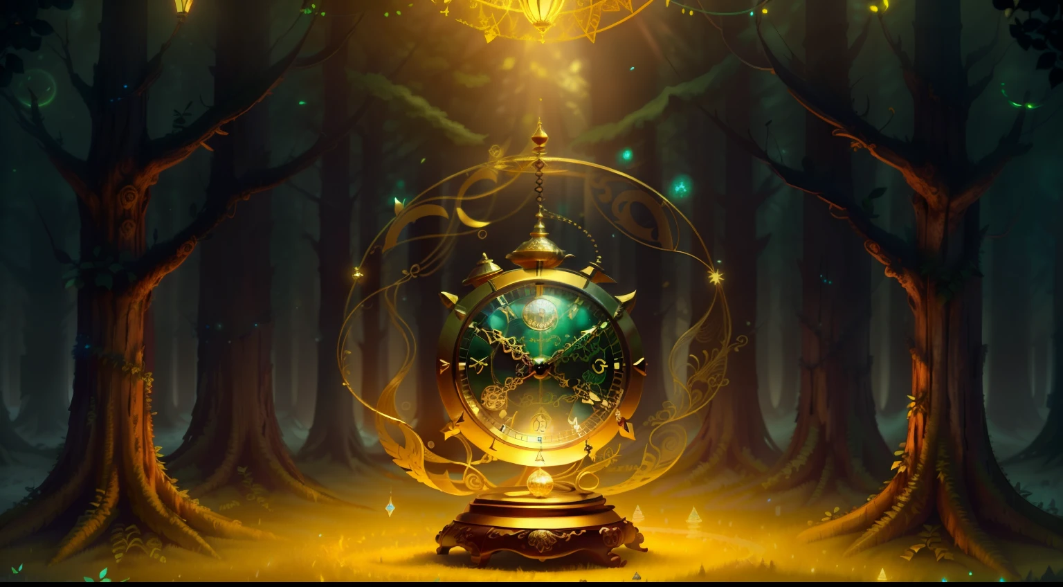 Photo of a large hand holding an antique gold watch, magia-fantasia-floresta, arte digital, most amazing art in the world, ((sem humanos)), Light Volumetric, cores suaves equilibradas, forest scenario, videiras, uhd, render de octanas 8k, magica, Awesome, ethereal, intrincado, design intrincado, ultra sharp, sombras, cores mais frias, trend in CGSociety, olhos brilhantes, ((melhor qualidade)), ((obra-prima)), (detalhado), antique clock