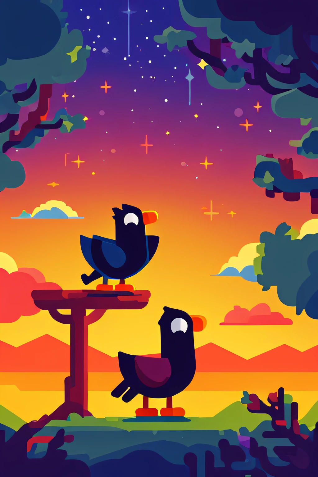 Starry,Kurcig Zaghet bird,tree,Star,Sunset,
vectorial art, Kurzgesagt, Sharp focus, (hdr), (8K), (gigapixel), ((Masterpiece))