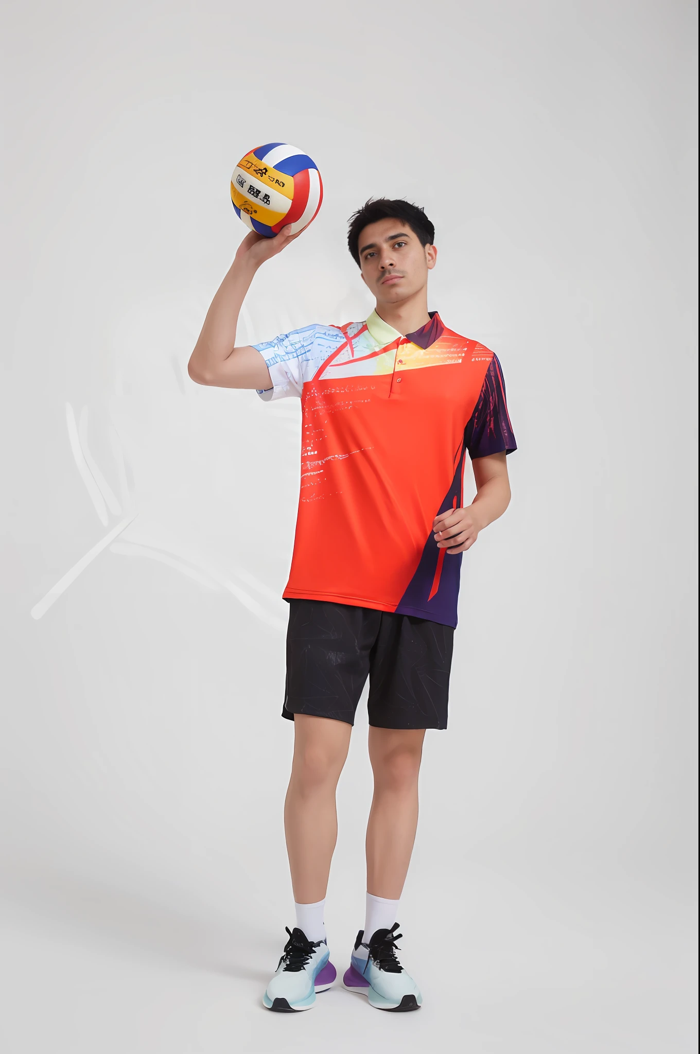 Arafard man in a red shirt holding a volleyball, wearing a volleyball jersey, wearing basketball jersey, young man with short, inspired by Wen Zhengming, inspired by Park Hua, Inspired by David Diao, inspired by Wang Zhongyu, Short sleeves, inspired by Ding Yunpeng, inspired by Ma Wan, tennis wear, sport outfit