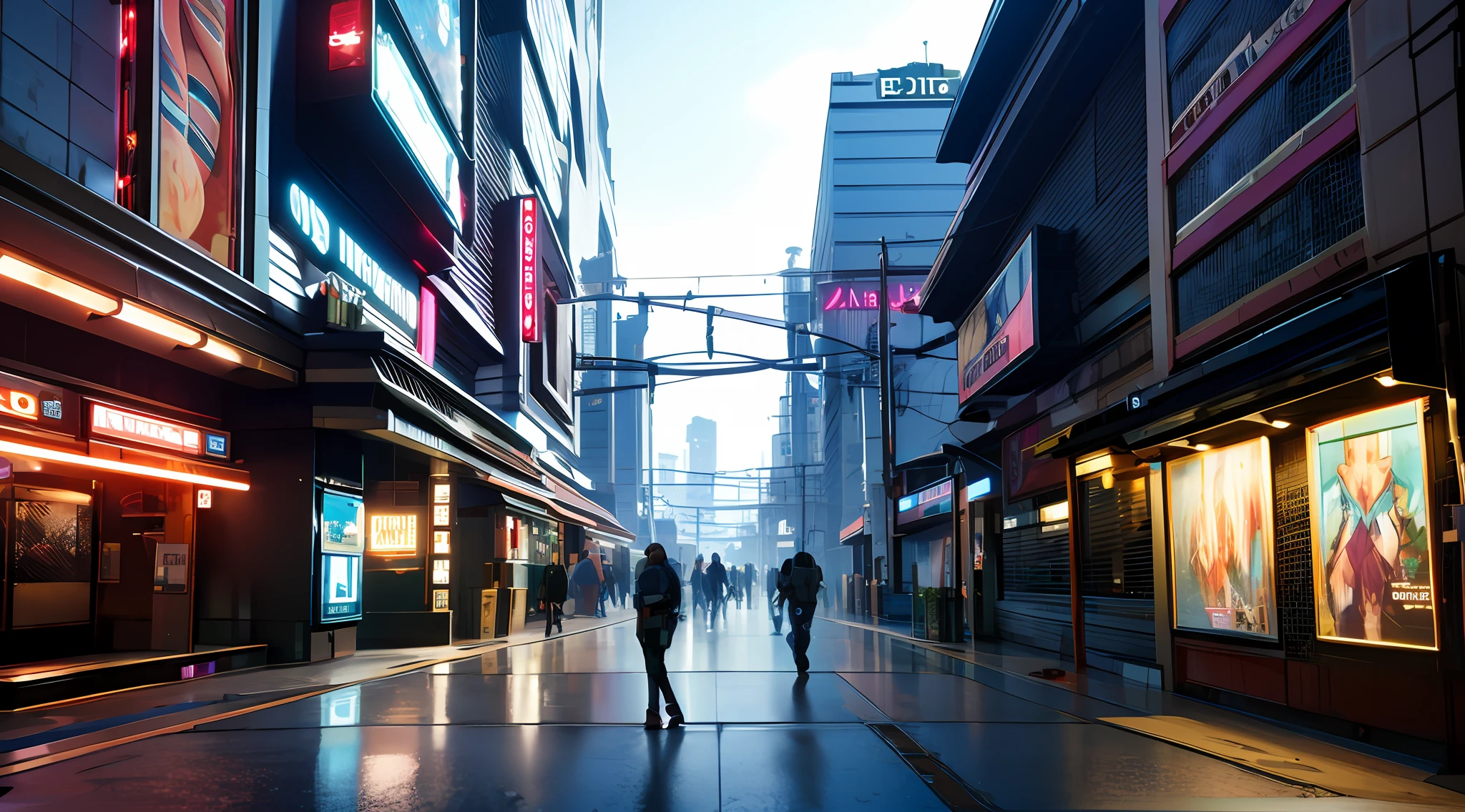 (((A masterpiece))), Best picture quality, Beautiful cyberpunk style, Side view, Street commercial area, Good city details, Unique cyberpunk atmosphere, Street style scene, Surreal theme with Japanese elements，4k