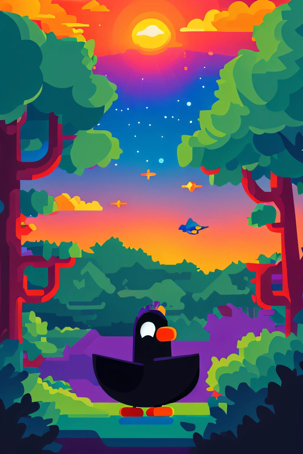 Starry,Kurcig Zaghet bird,tree,Star,Sunset,
vectorial art, Kurzgesagt, Sharp focus, (hdr), (8K), (gigapixel), ((Masterpiece))