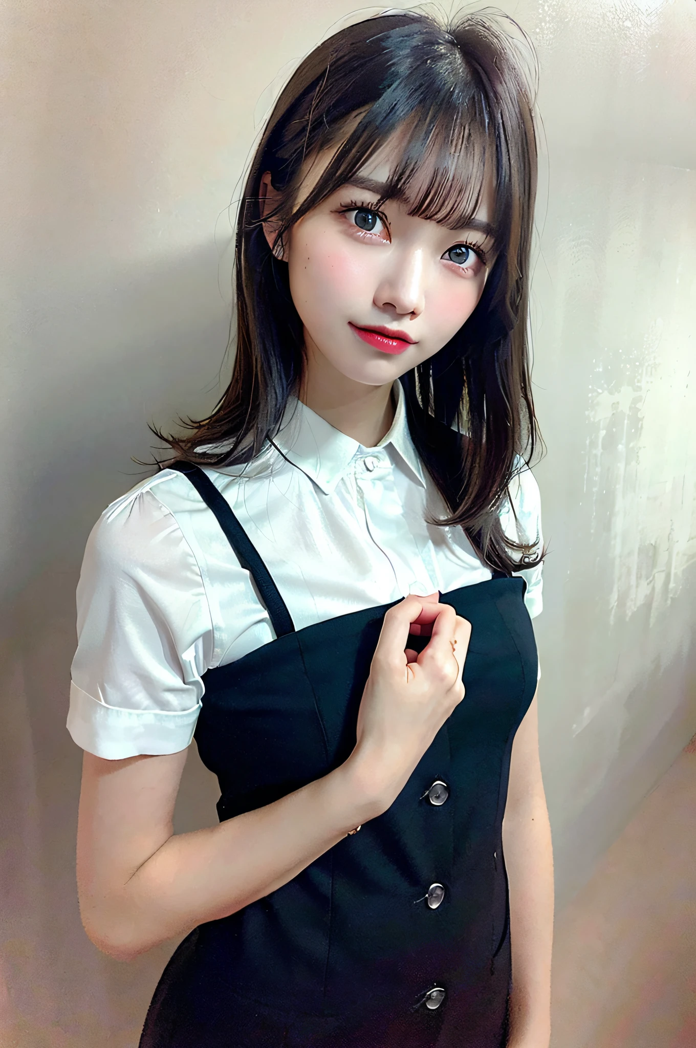 1girl,beautiful vintage color, instagram (photorealistic, high resolution:1.4), ((puffy eyes)), looking at viewer, , full body (8k, RAW photo, best quality, masterpiece:1.2), (realistic, photo-realistic:1.37),(sharp focus:1.2), professional lighting, photon mapping, radiosity, physically-based rendering, (pale skin:1.2),(small breasts:1.2), looking at viewer, (middle hair:1.5), portrait, purple eyes, (sliver hair:1.1),bangs, (simple background:1.4), solo, upper body, realistic,(masterpiece:1.4),(best quality:1.4),(shiny skin),fashi-girl,makeup,smile(skinny,closed mouth,shy :1.3) ,(standing,black Stewardess uniform,Necromancer:1.1),medium bust,sexy pose ,