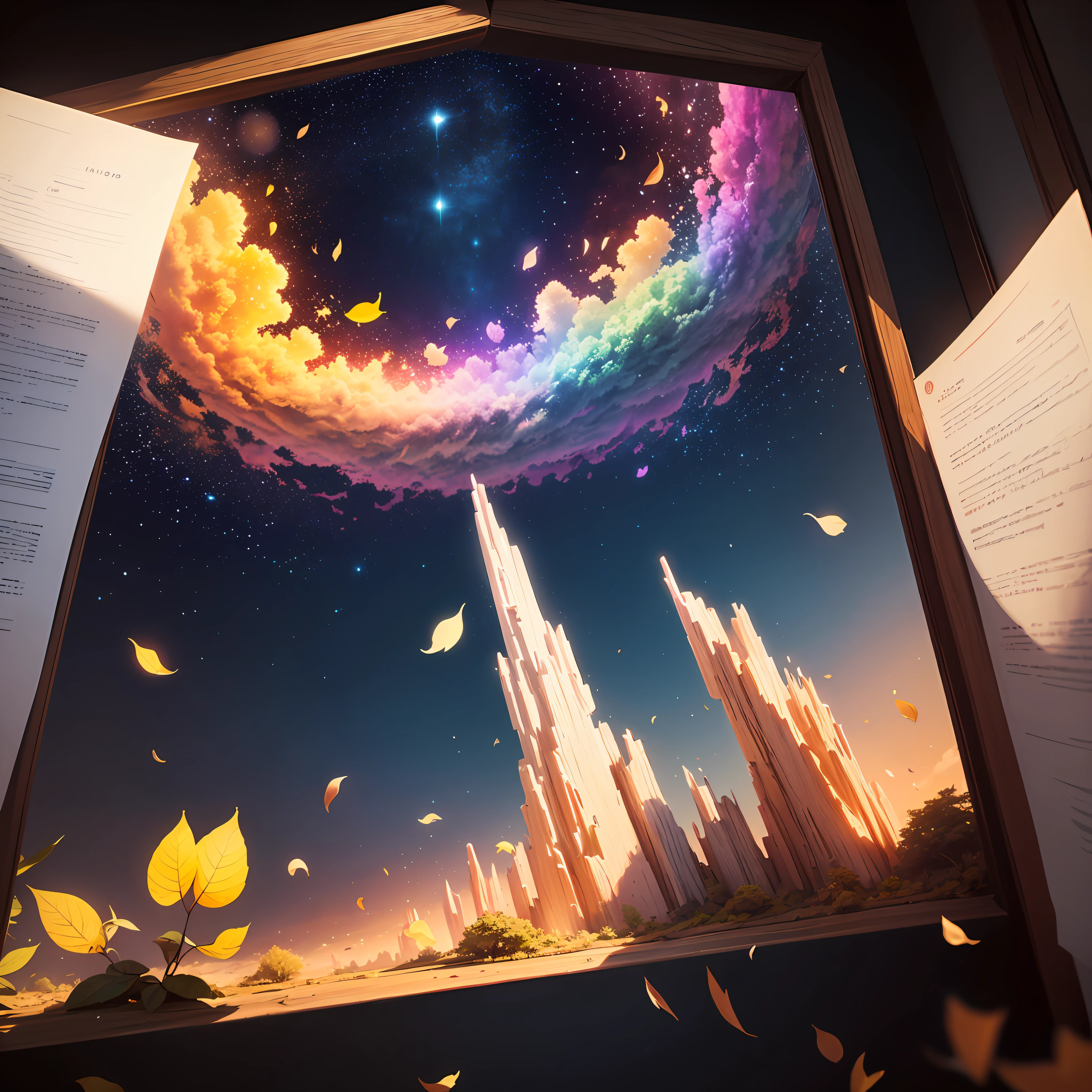 obra-prima, melhor qualidade, (muito detalhado CG unidade 8k papel de parede) (melhor qualidade), (best illustration), (melhores sombras) universo, galaxias, Chuvas, Buracos Negros, nuvens, Sky of stars', Mar Azul, Delicate petal leaves of various colors falling in the light of the air Tracking, super detalhado --auto --v6