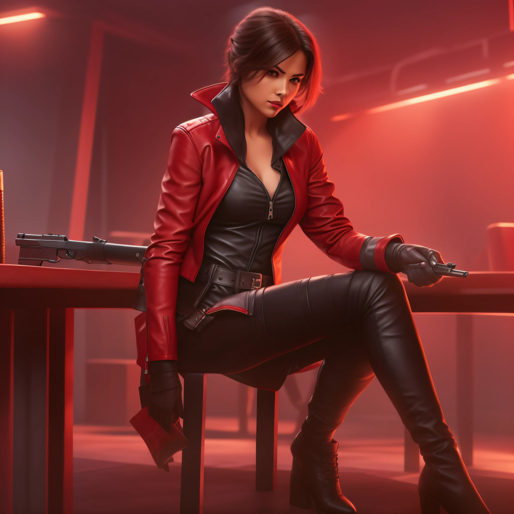 arafed woman in a red leather jacket holding a gun, solo female character, red leather jacket, female lead character, female rouge assassin, sit on table pose, leather clothing, wearing red jacket,