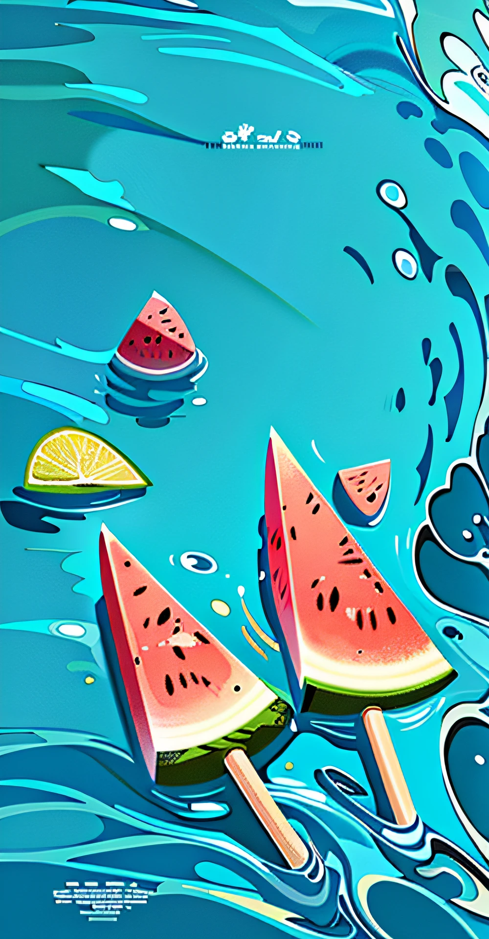 There is a poster,There is a watermelon on the surface of the water, poster for ; Summer, summer swimming party, lemons,Summer feeling, Summer time, summertime, chill summer, watermeloncore, material is!!! water melon!!!, illustration!, sleek cool waterproof design, 🐿🍸🍋, wallpaper - 1 0 2 4, Magical summer, Summer, water melon